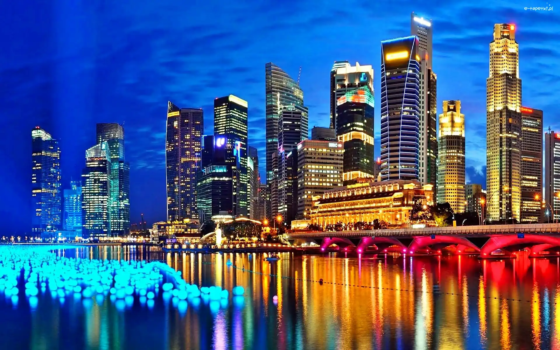 Miasto, Most, Singapur, Nocą, Chmur, Drapacze