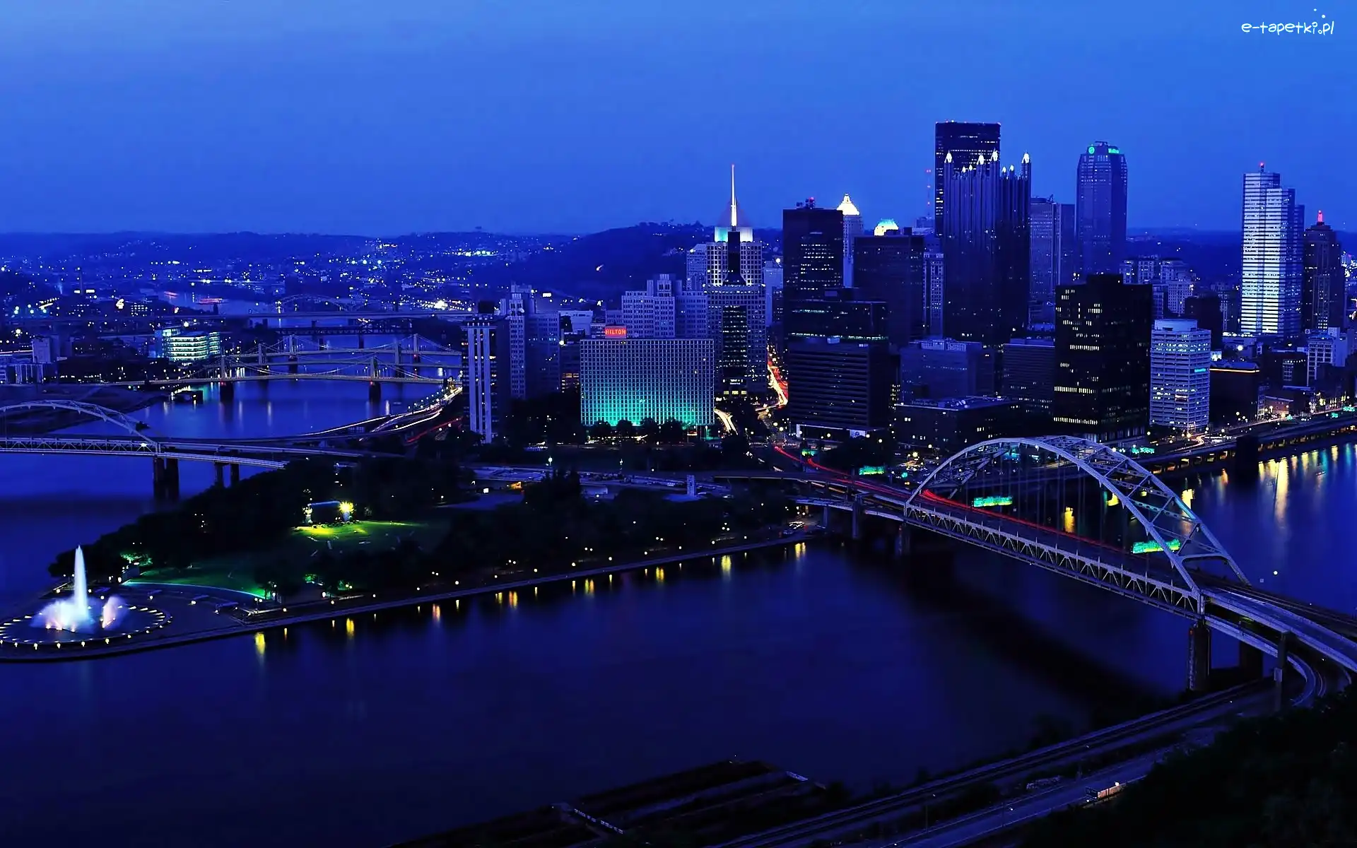 Pittsburgh, Mosty, Rzeka, Chmur, Drapacze, Nocą, Miasta, Ohio, Panorama