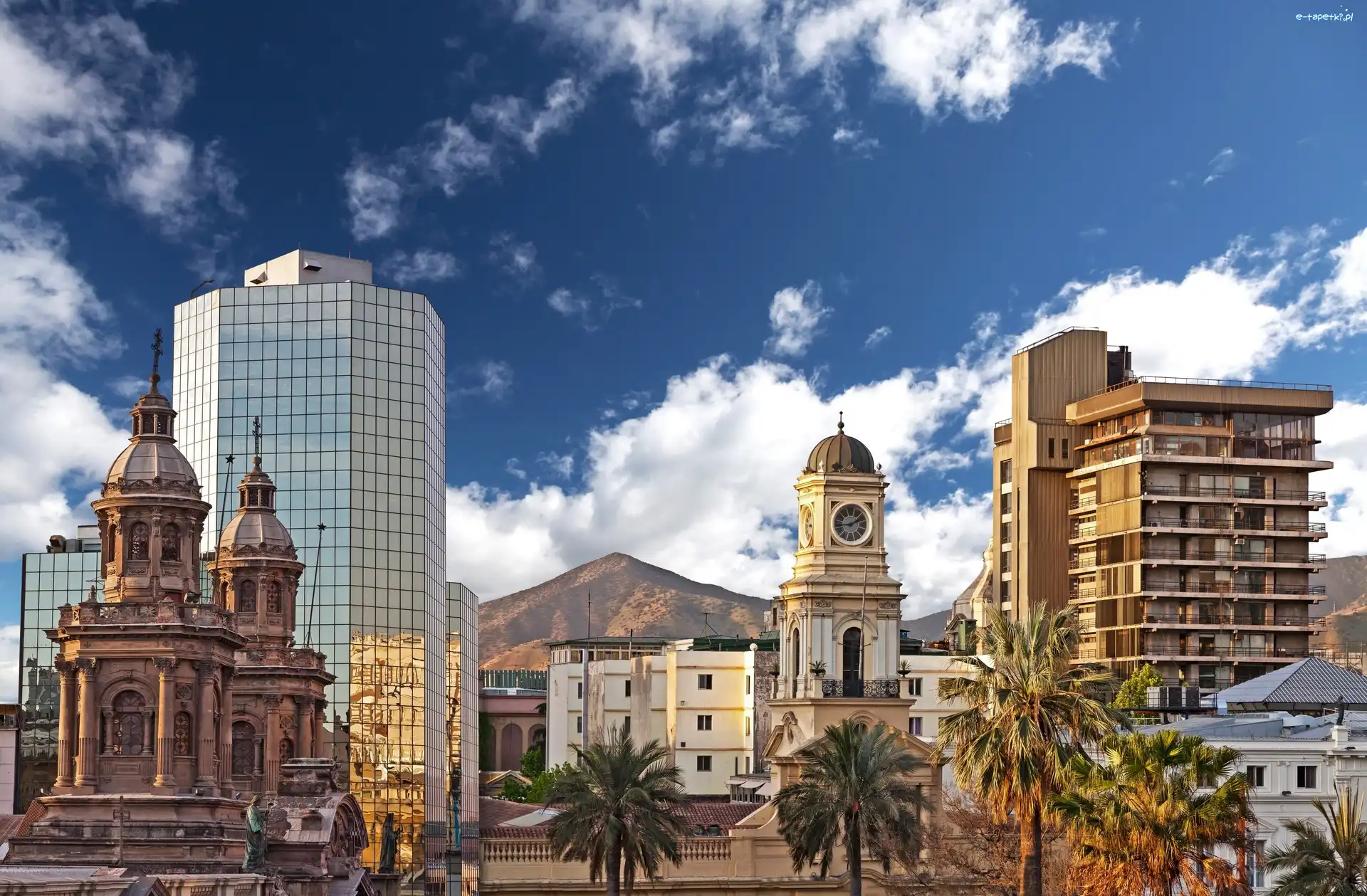 Niebo, Chile, Budynki, Góry, Santiago, Miasto