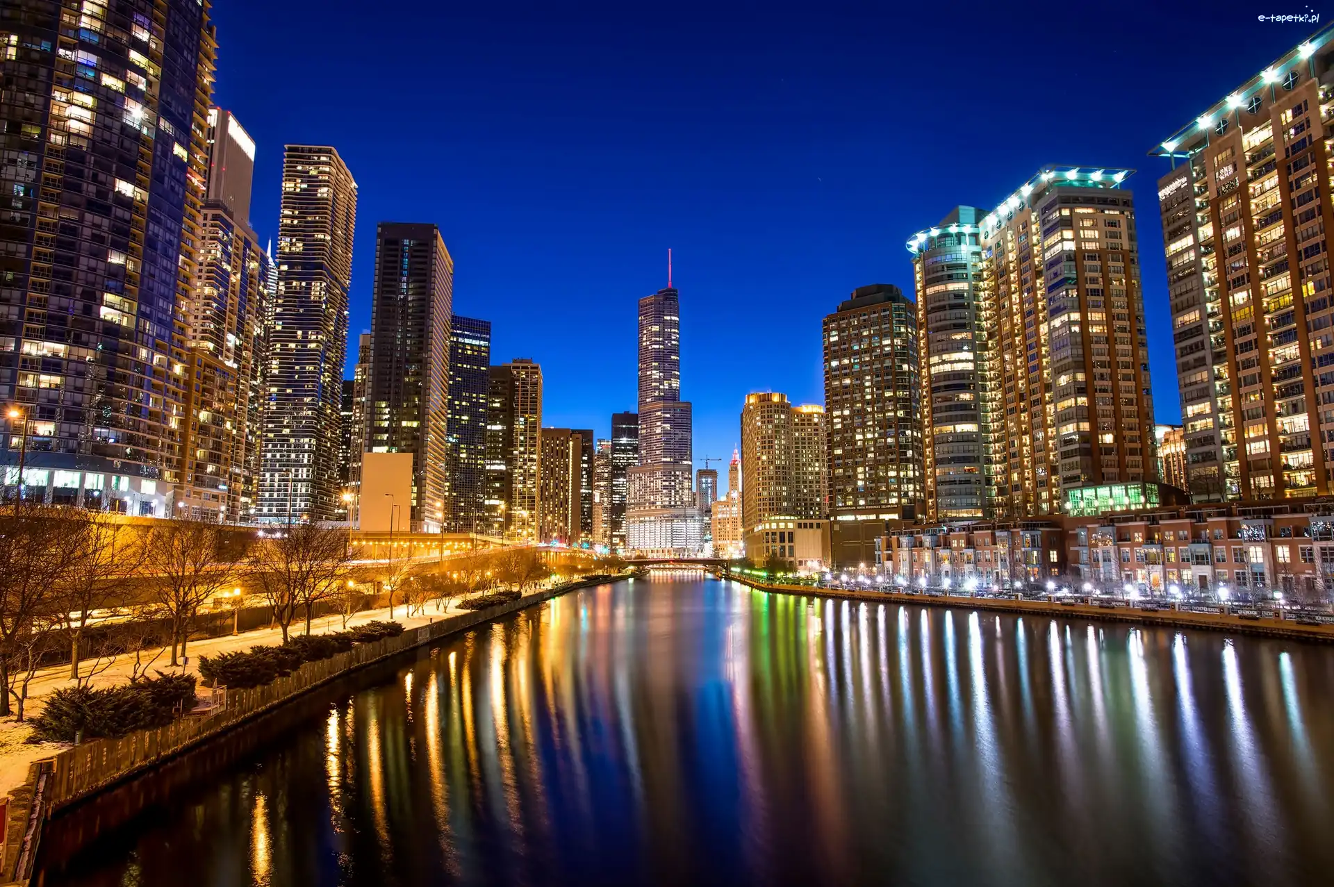 Drapacze chmur, Chicago, Rzeka, Noc, Miasto