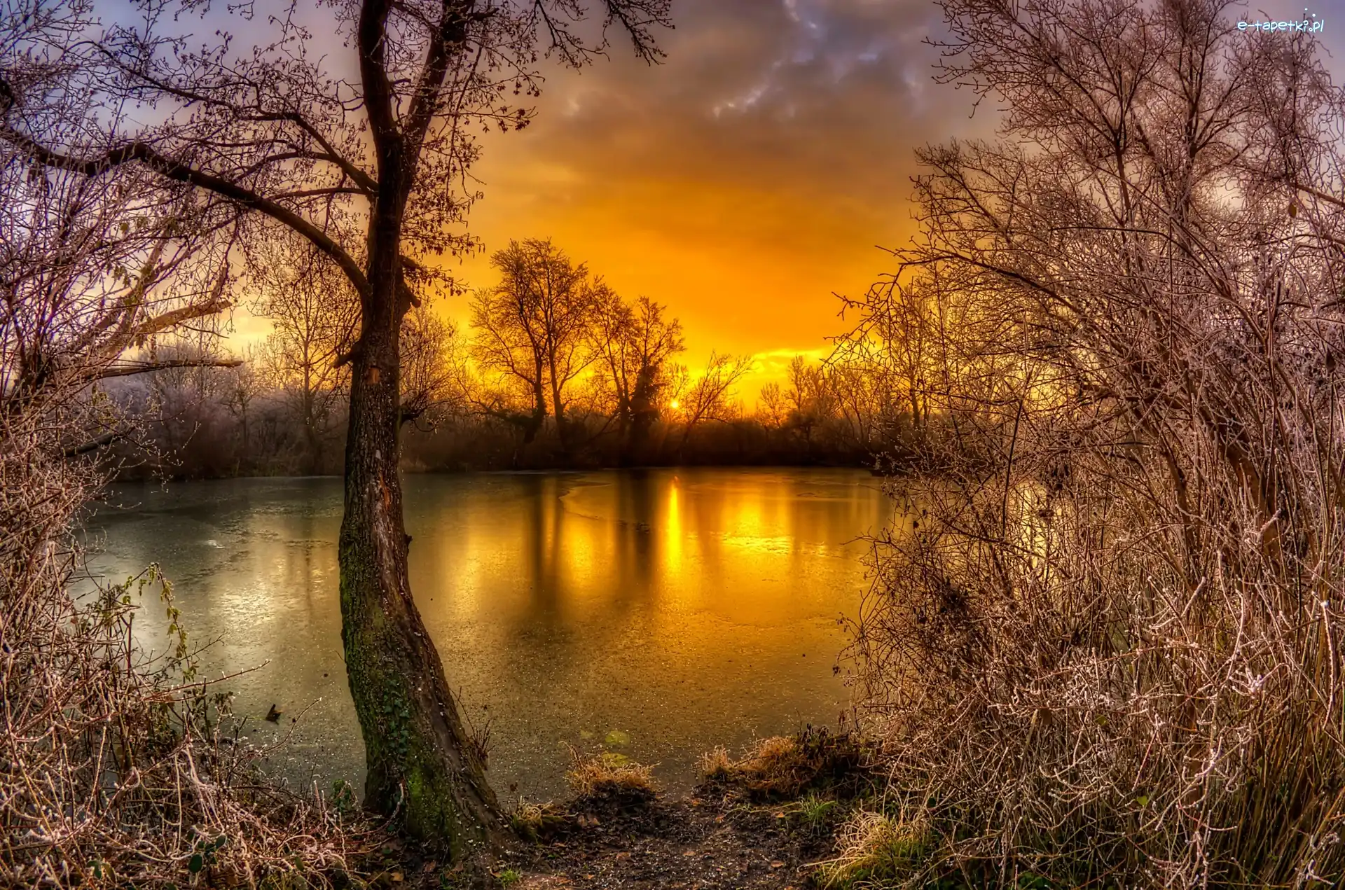 Zachód słońca, HDR, Jesień, Jezioro