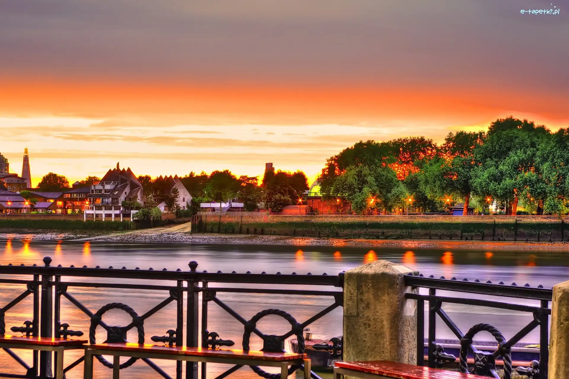 Rzeka, Zachód słońca, Domy, HDR, Balustrada Anglia