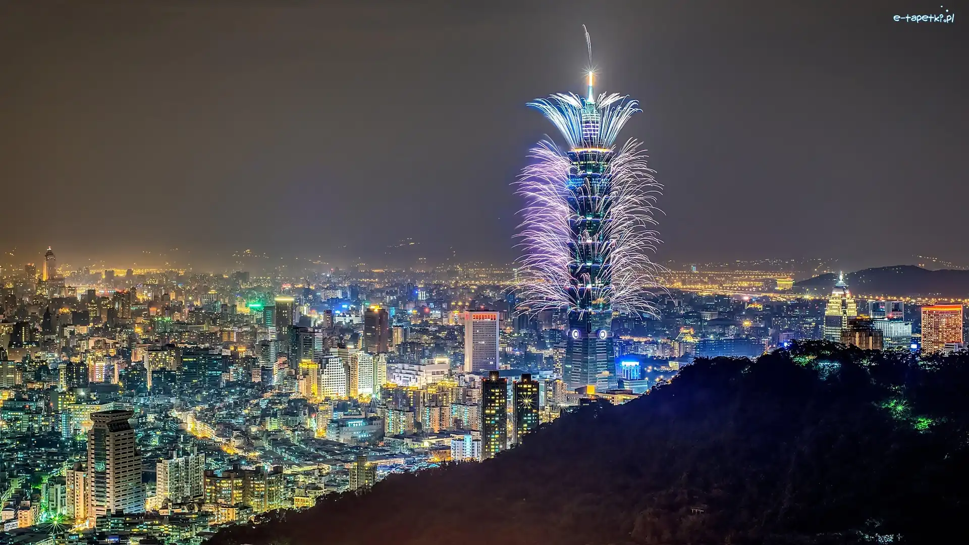 Fajerwerki, Miasto, Noc, Taipei, Chiny, Chmur, Drapacz
