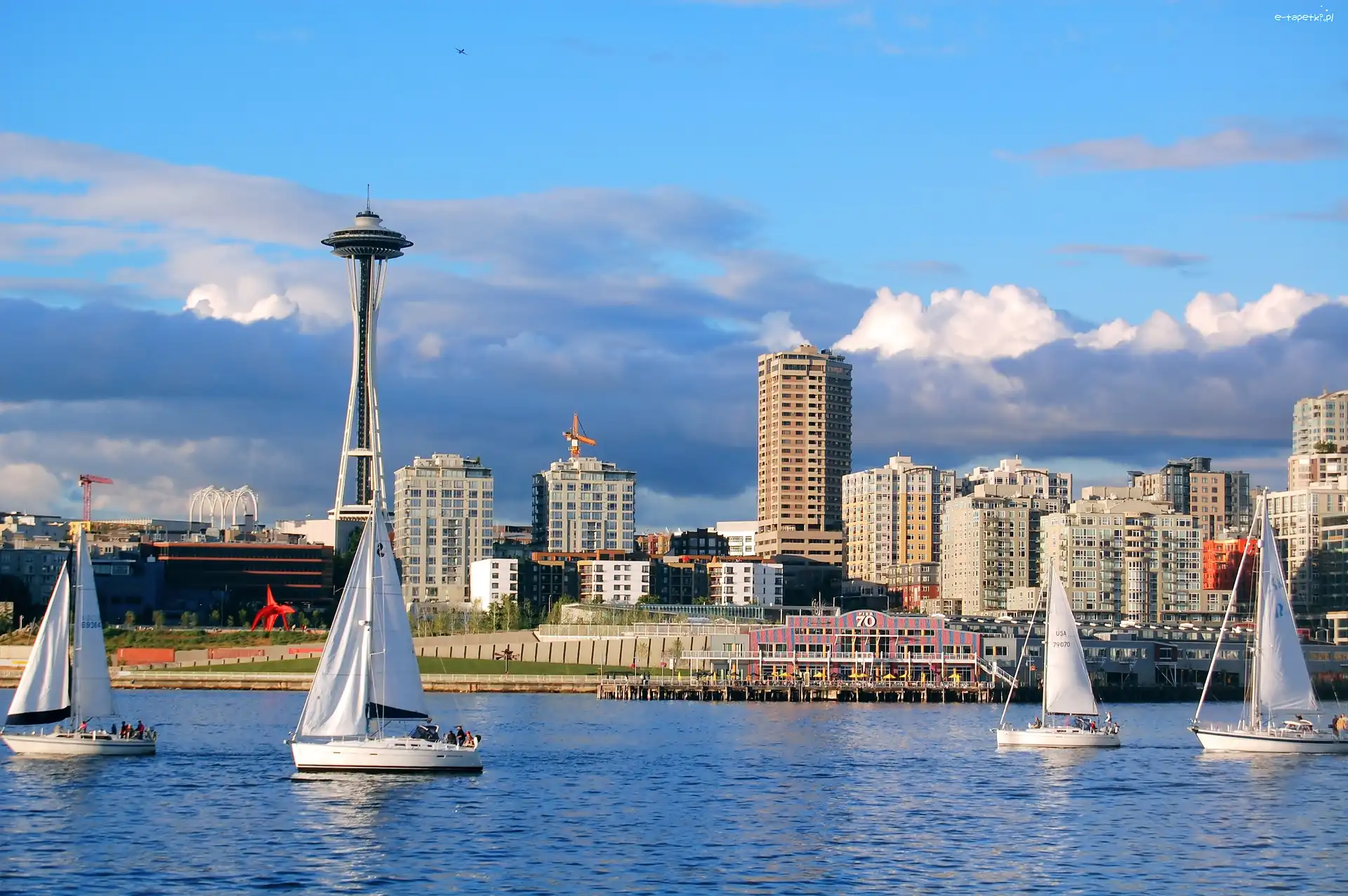 Domy, Wieża, Space Needle, Żaglówki, Seattle, Stany Zjednoczone