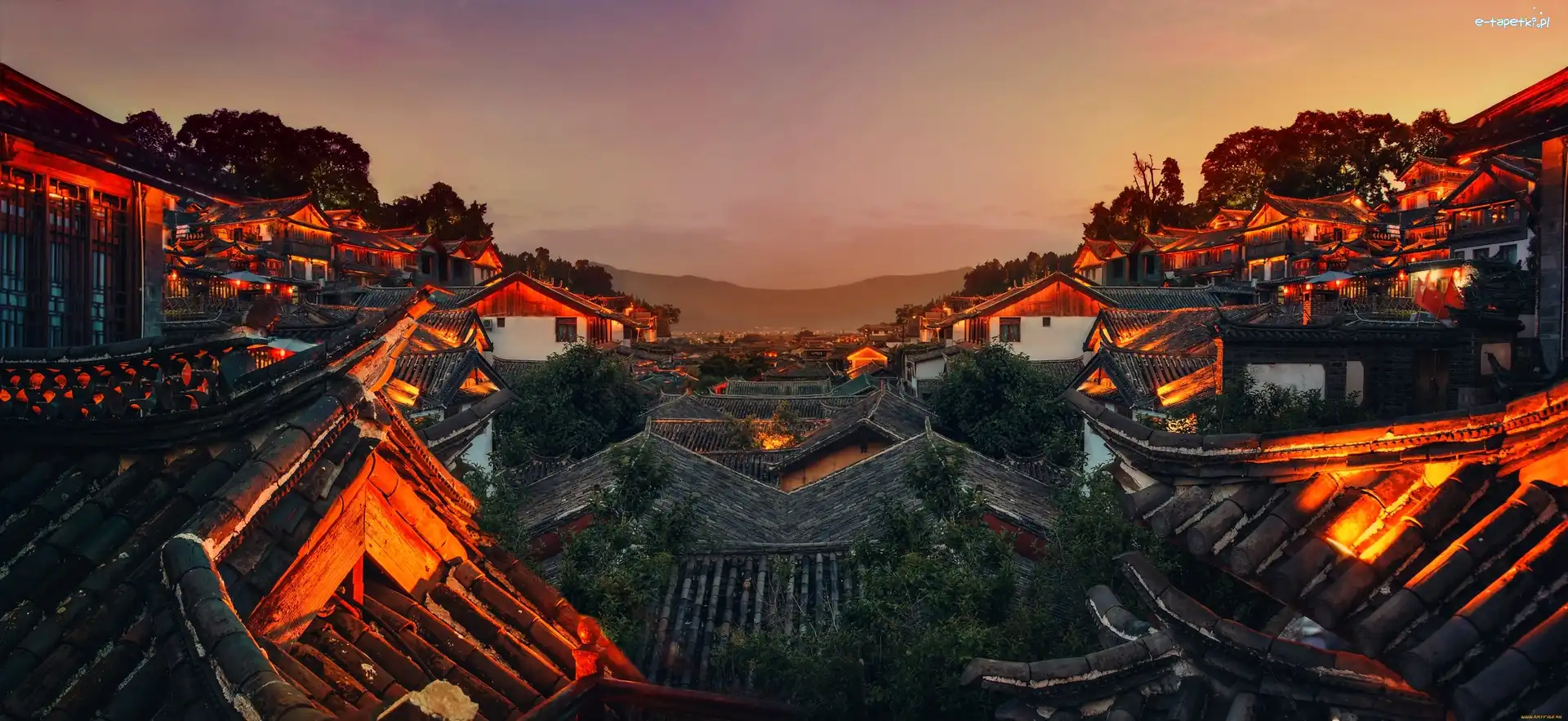 Oświetlone, Dachy, Domy, Chiny, Lijiang