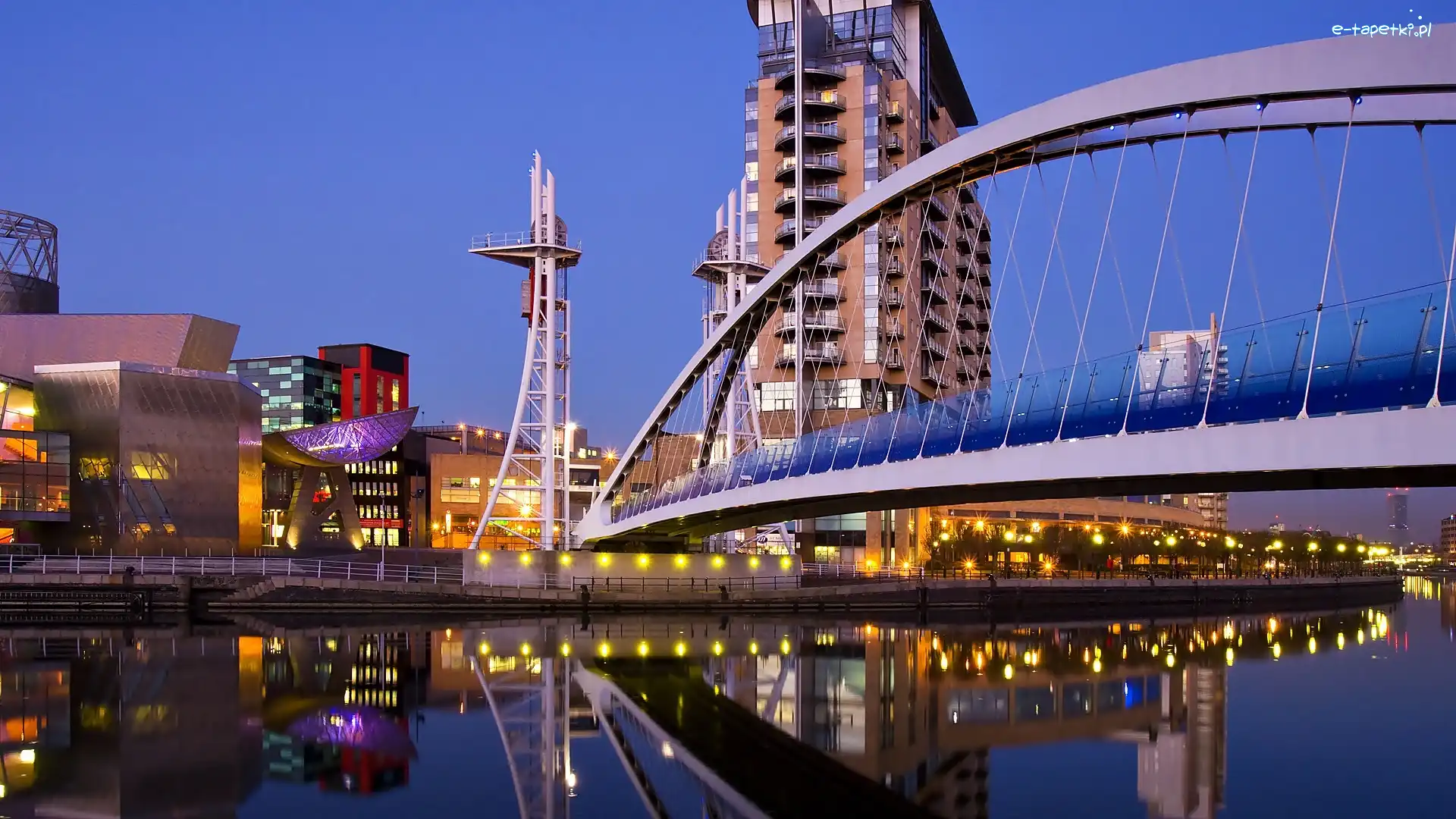 Miasto, Most, Manchester, Nocą, Irwell, Rzeka
