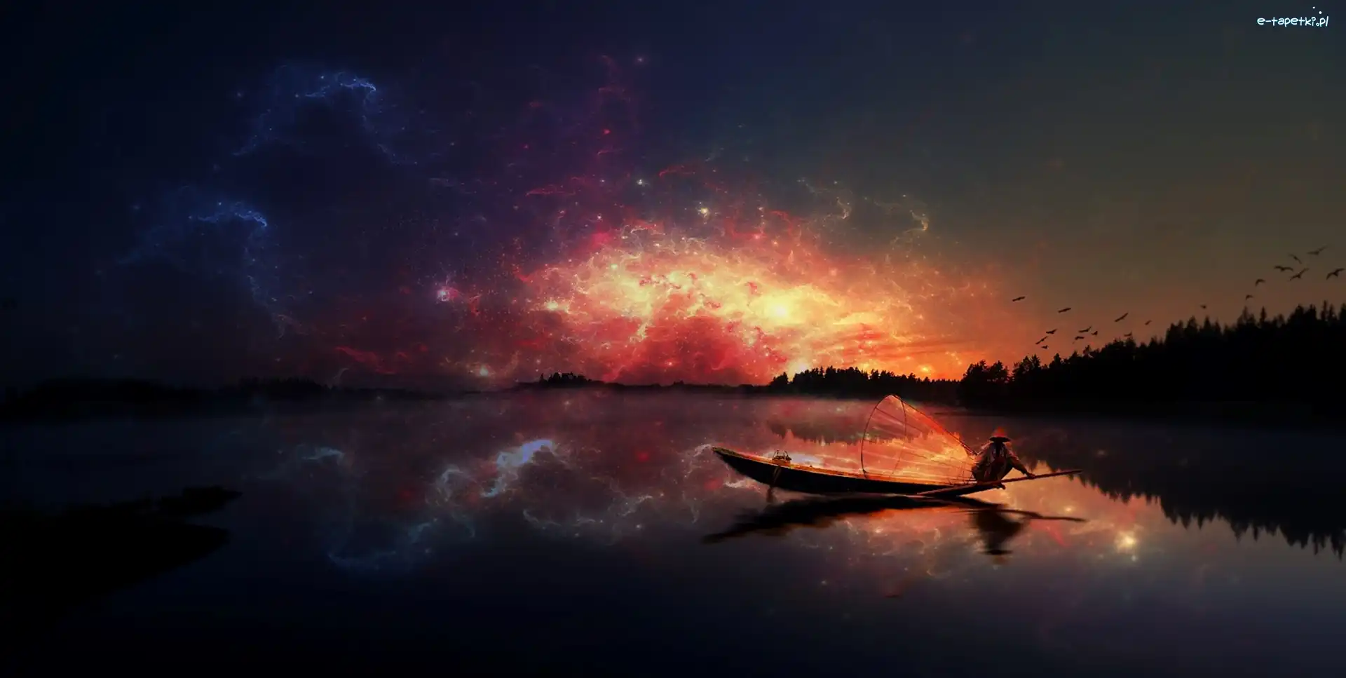 Jezioro, Las, Łódka, Fantasy, Noc