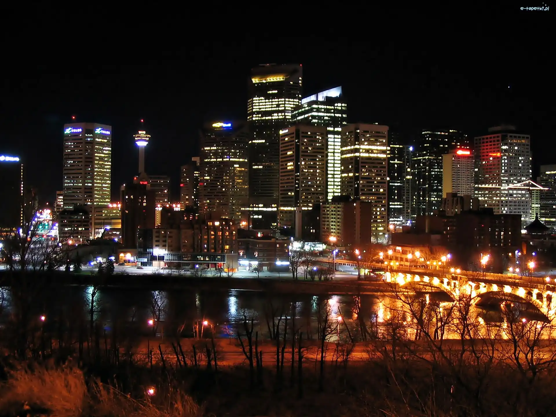Drapacze Chmur, Most, Rzeka, Nocą, Calgary