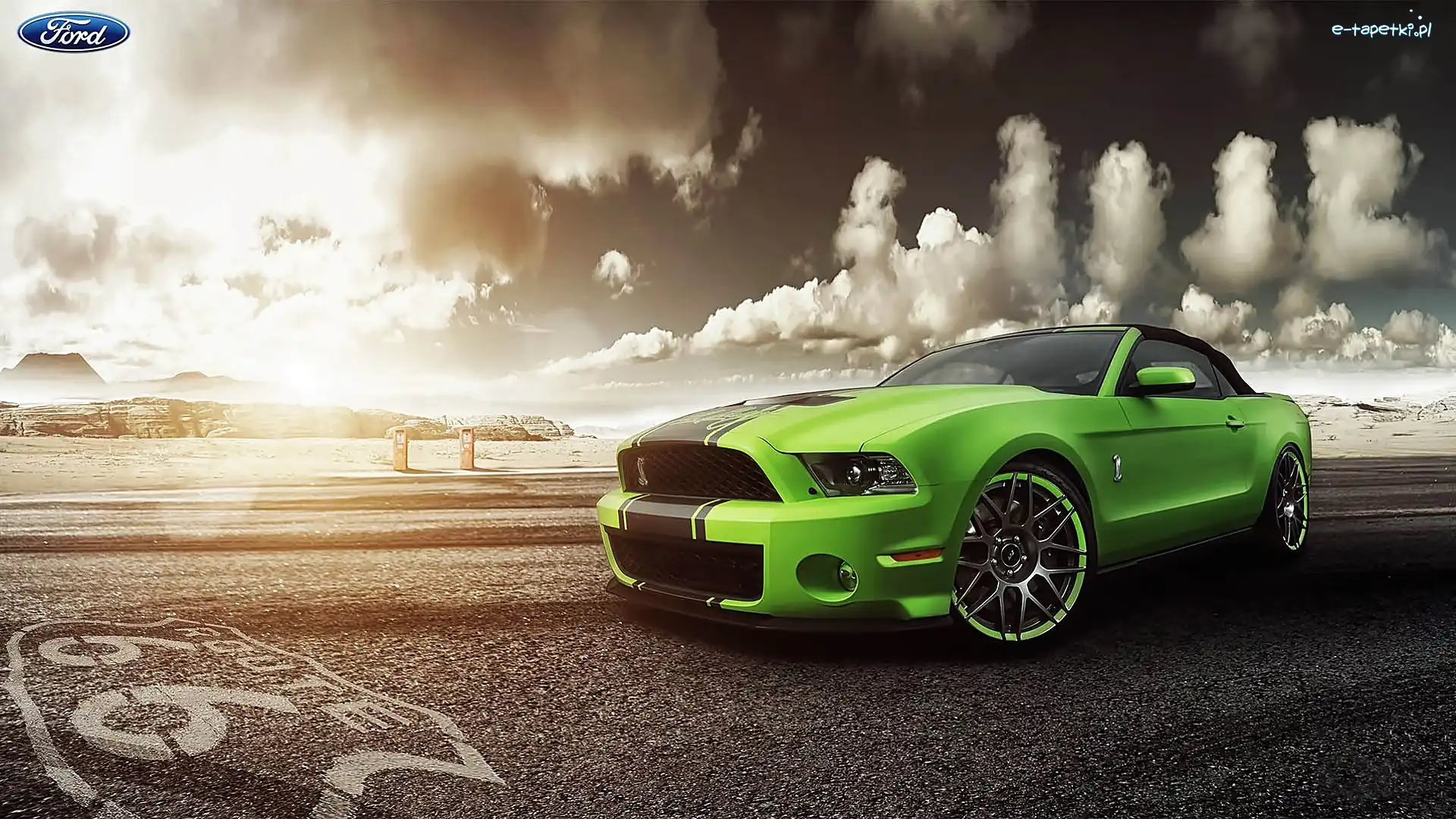 Droga, Ford, Mustang, Chmury, Samochód, Zielony