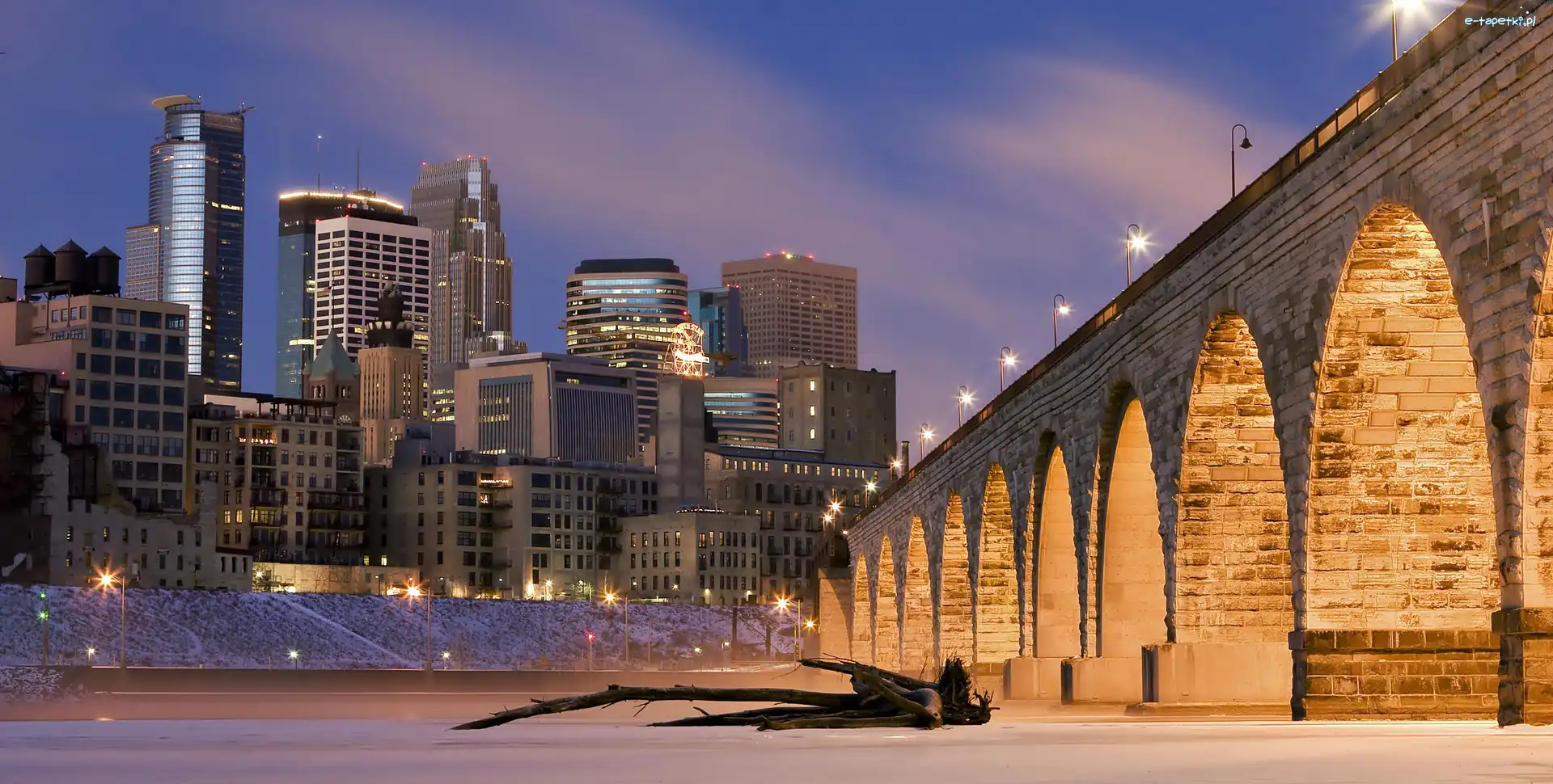 Nocą, Zamarznięta, Mississippi, Chmur, Drapacze, Minneapolis, Most