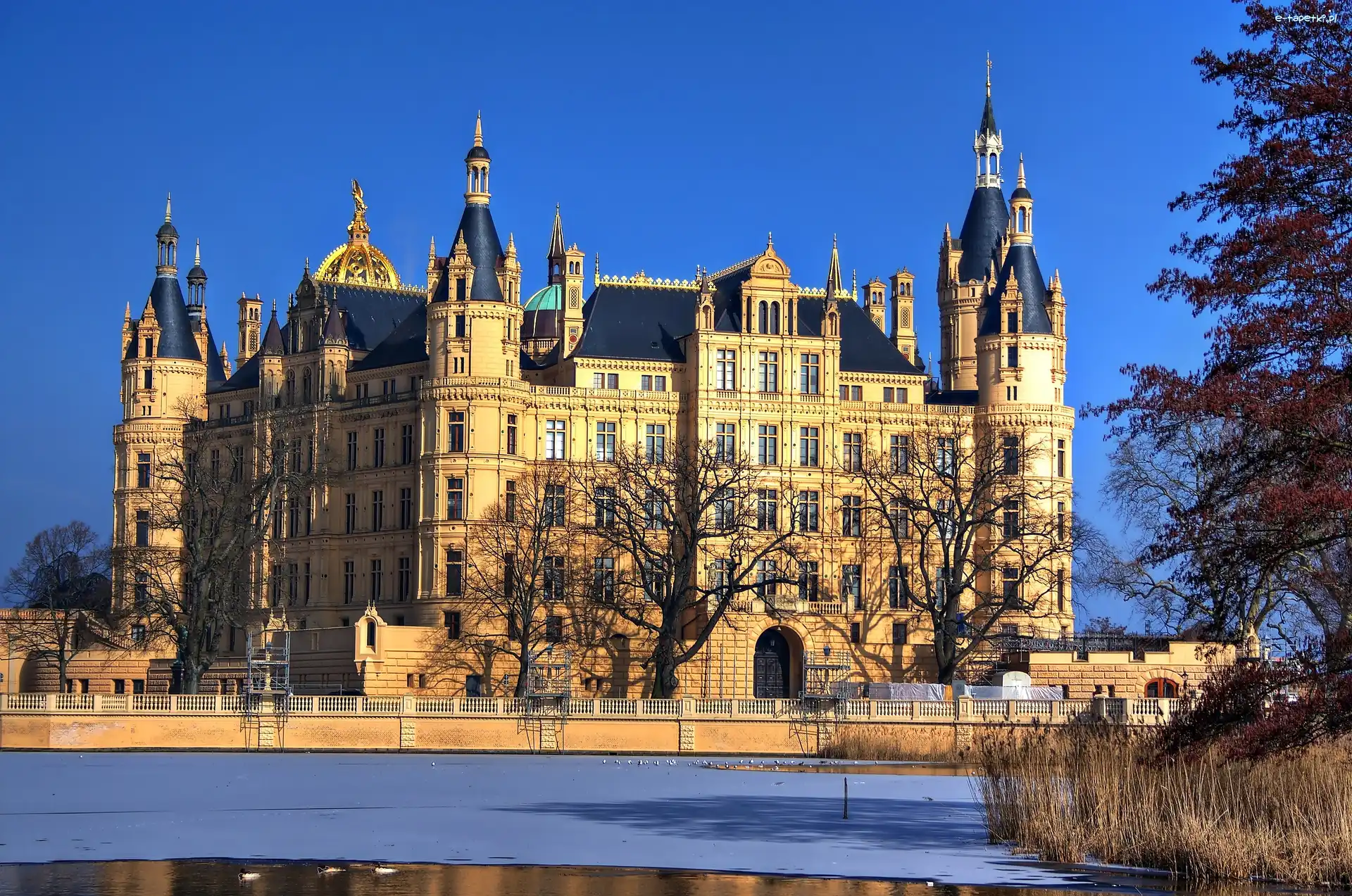 Świt, Jezioro, Zima, Niemcy, Schwerin, Zamek