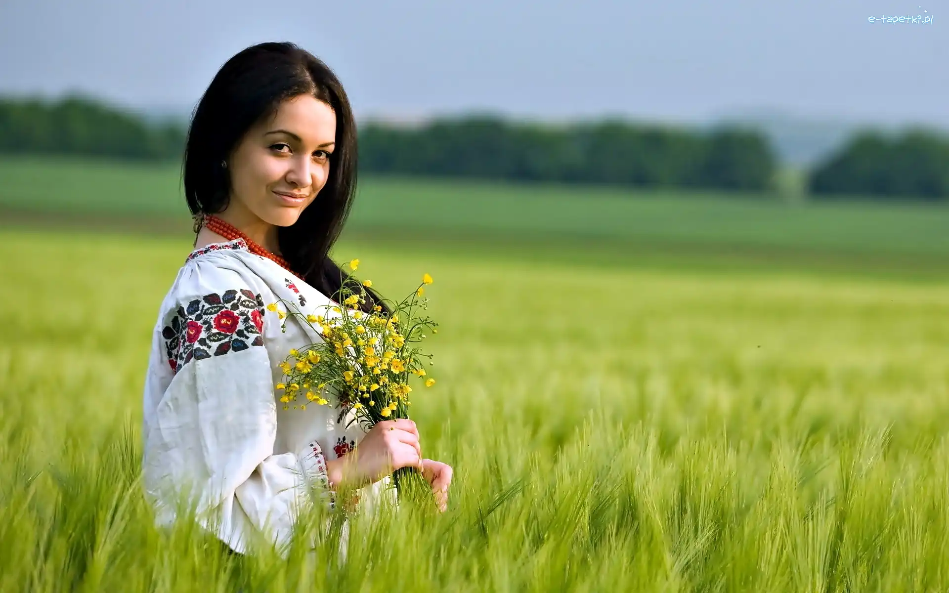Kobieta, Haftowana, Biała, Łąka, Bluzka