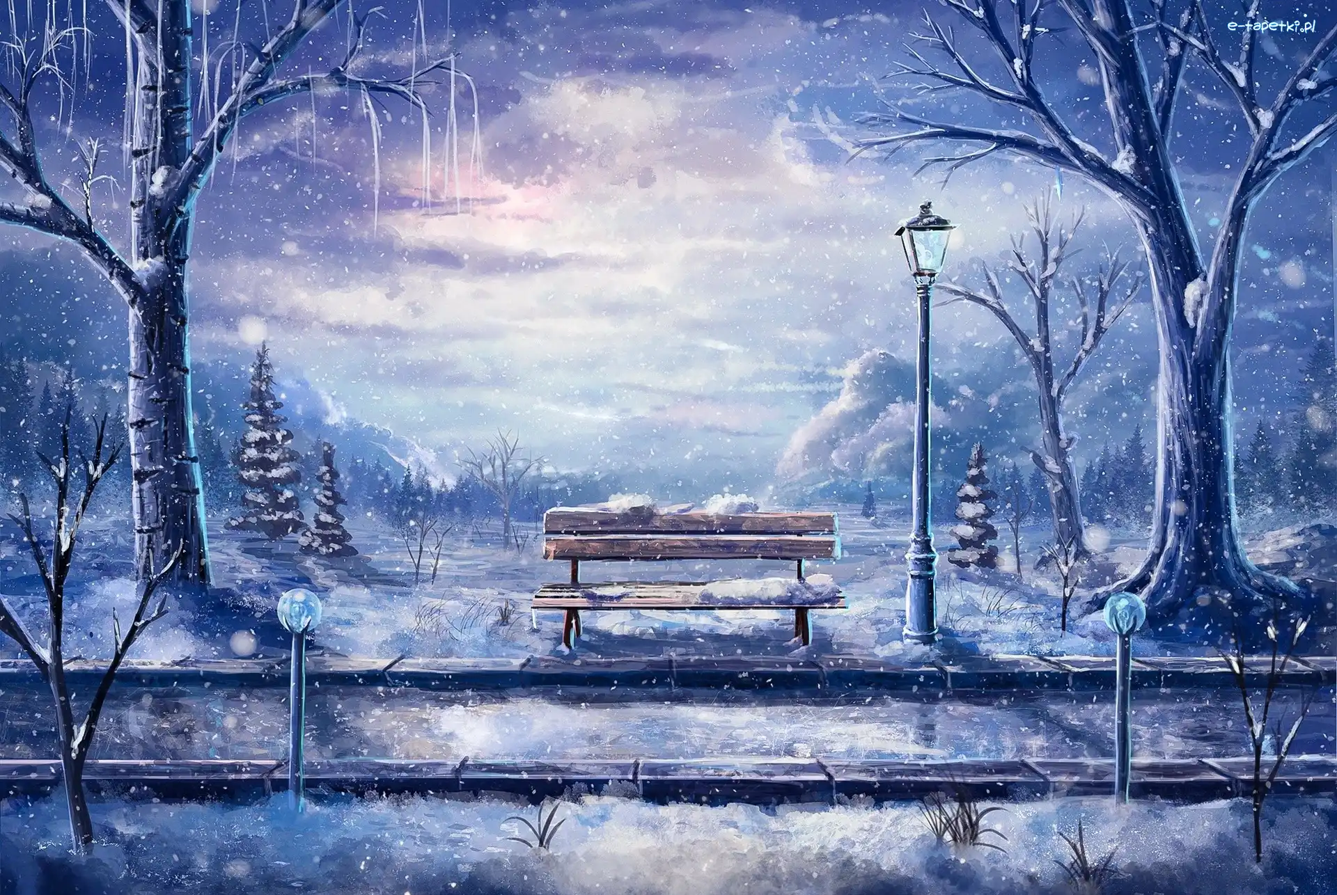 Ławeczka, Zima, Ławka, Lampy, Park, Grafika