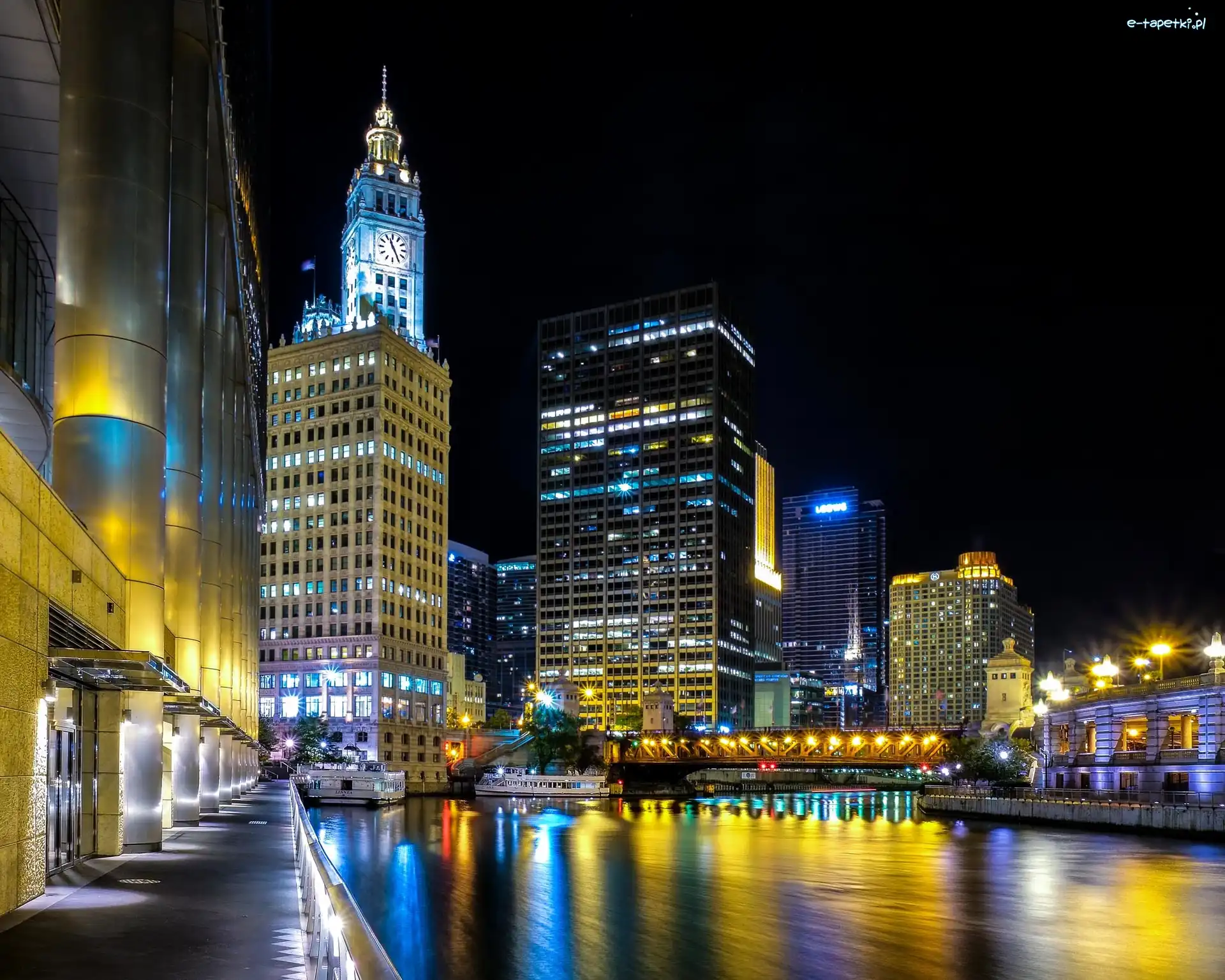 Miasto, Port, Nocą, Chicago