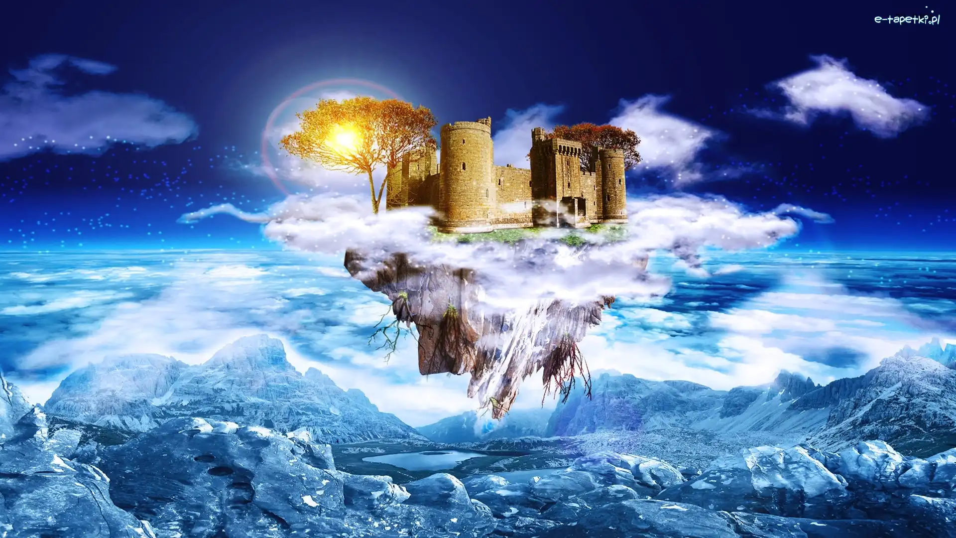 Fantasy, Skały, Zamek, Wyspa, Grafika, Niebo, Drewo