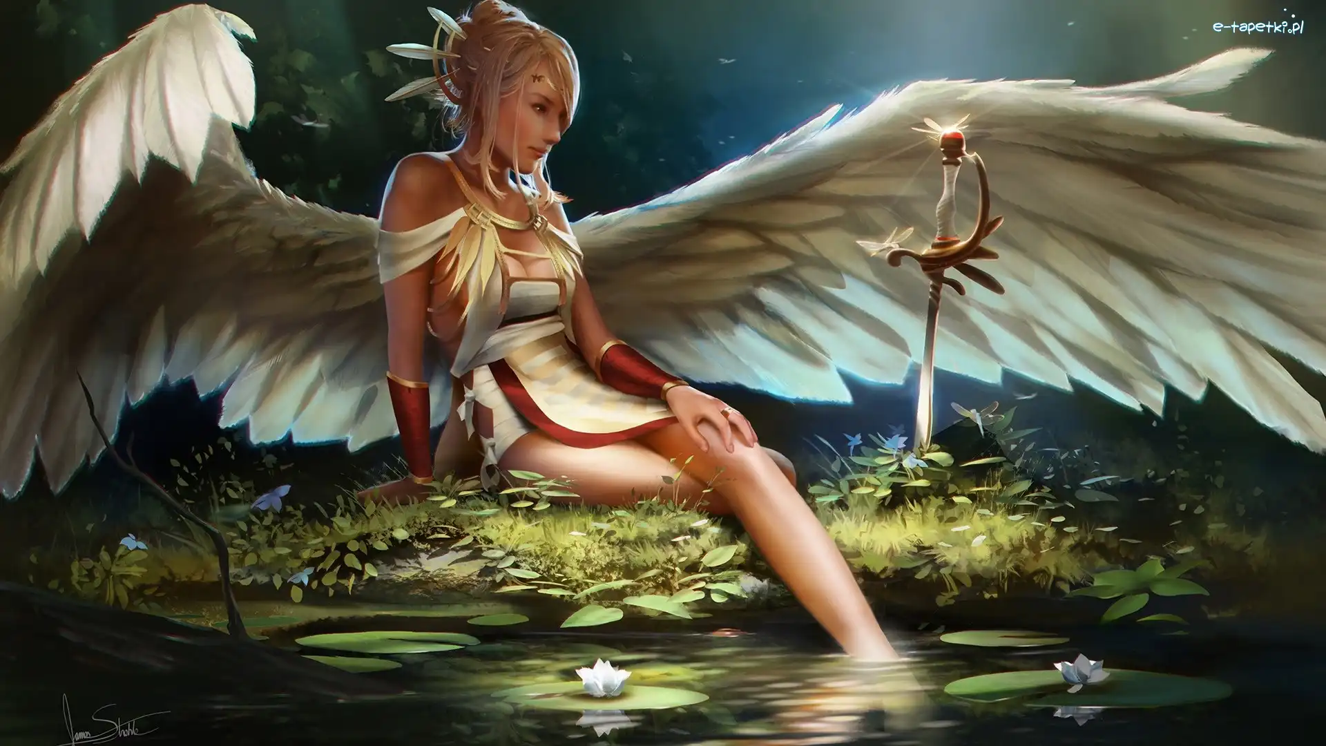 Fantasy, Skrzydła, Kobieta, Kwiaty, Woda