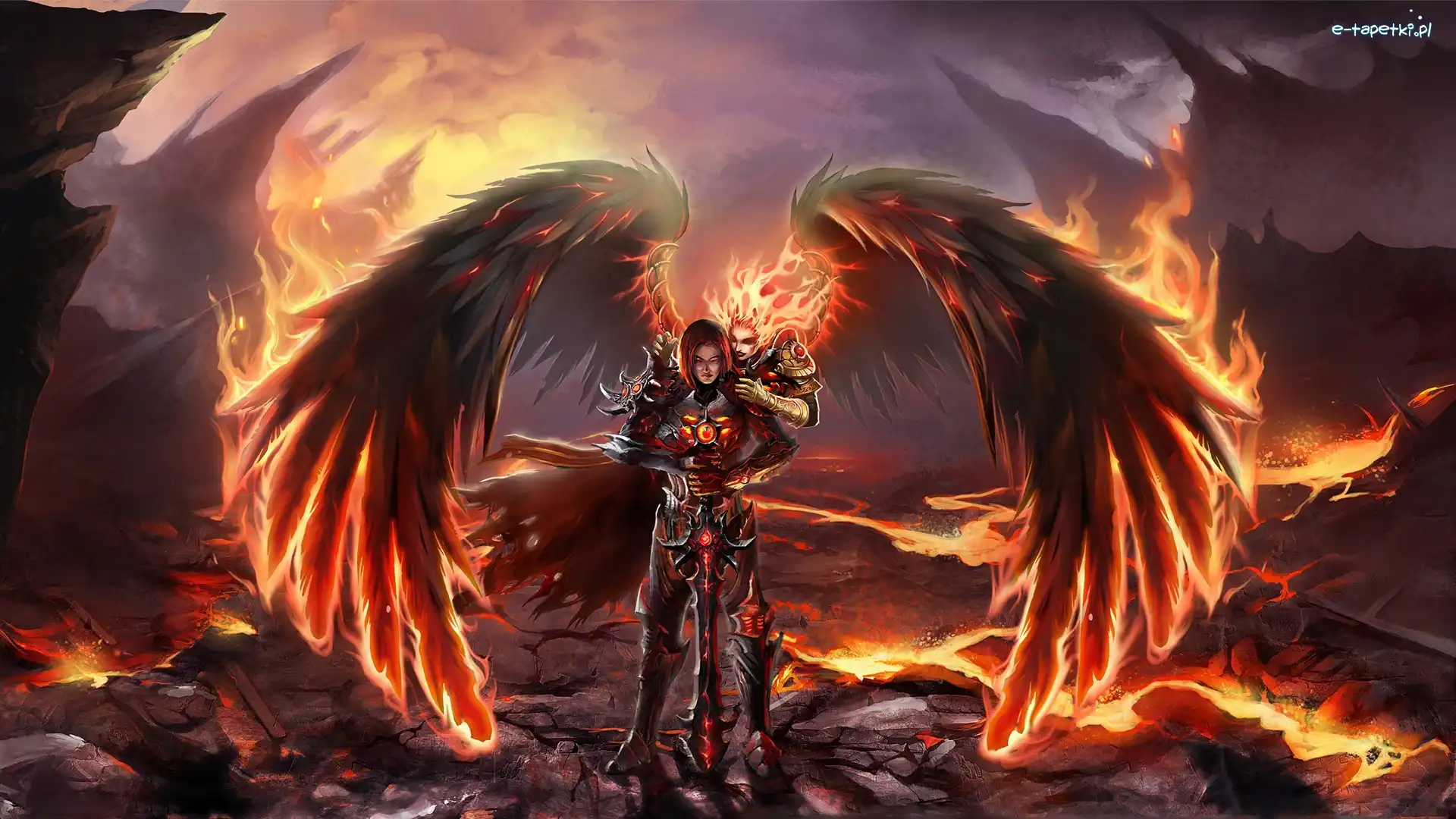 Ogień, Anioł, Skrzydła, Fantasy, Zbroja, Kobieta