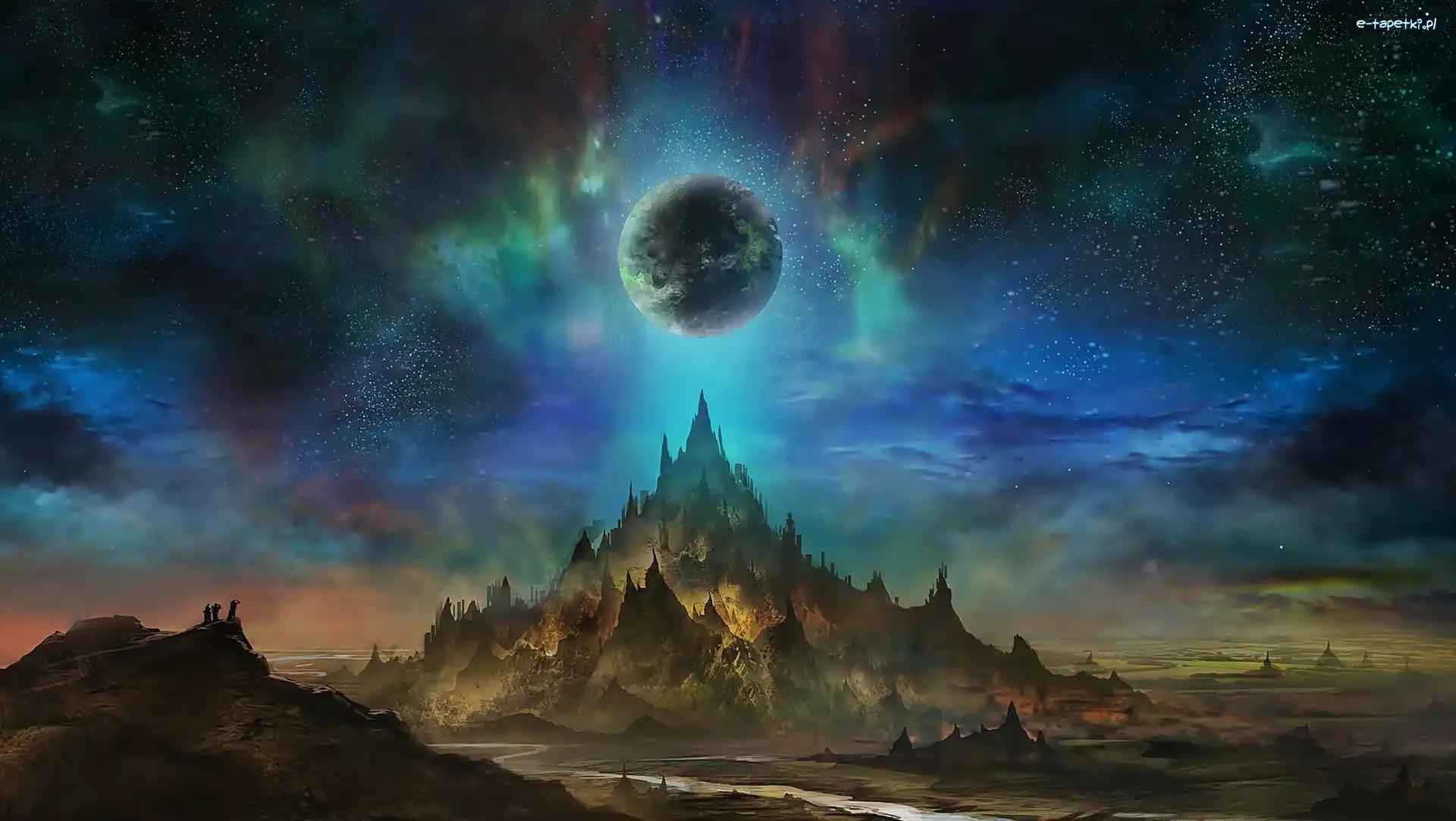 Fantasy, Planeta, Góry, Gwiazdy, Niebo