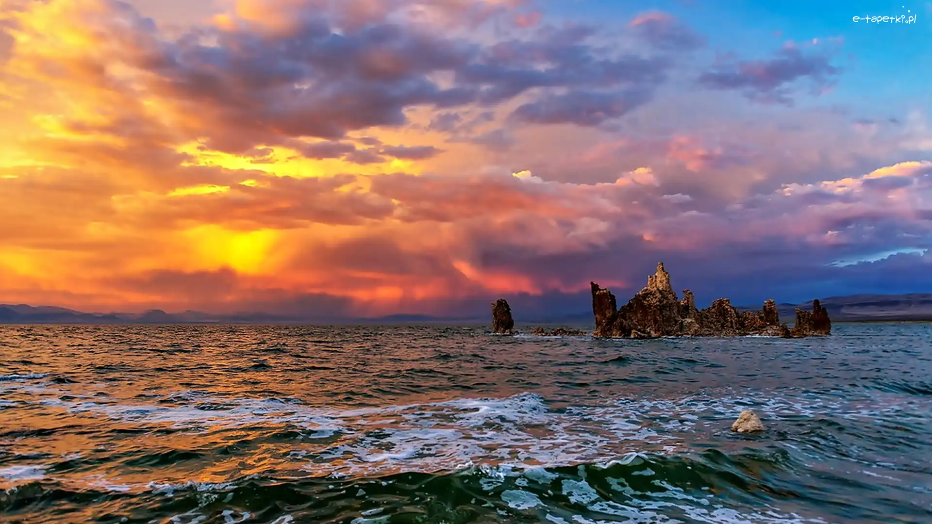 Zachód Słońca, Skały, Fale, Ocean