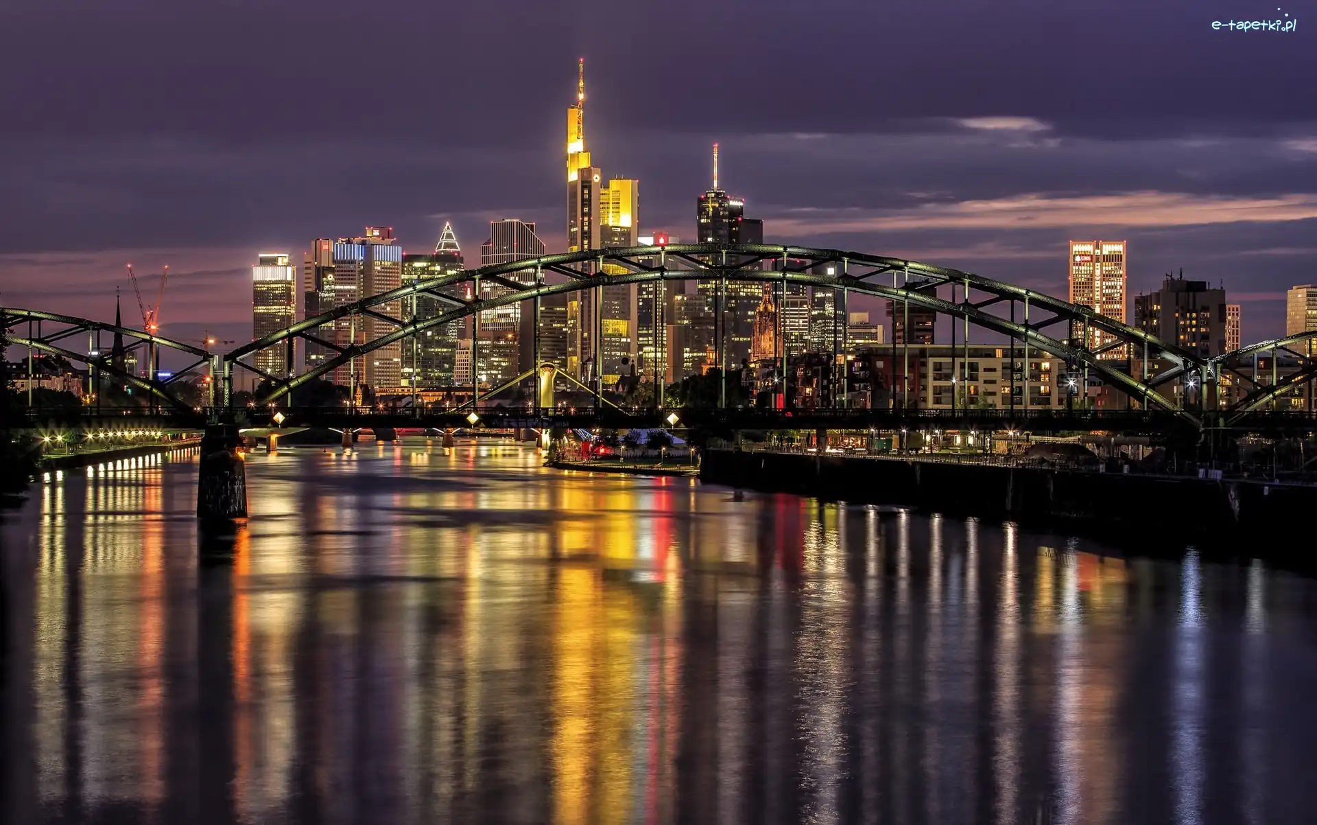 Miasto nocą, Niemcy, Frankfurt, Most, Rzeka
