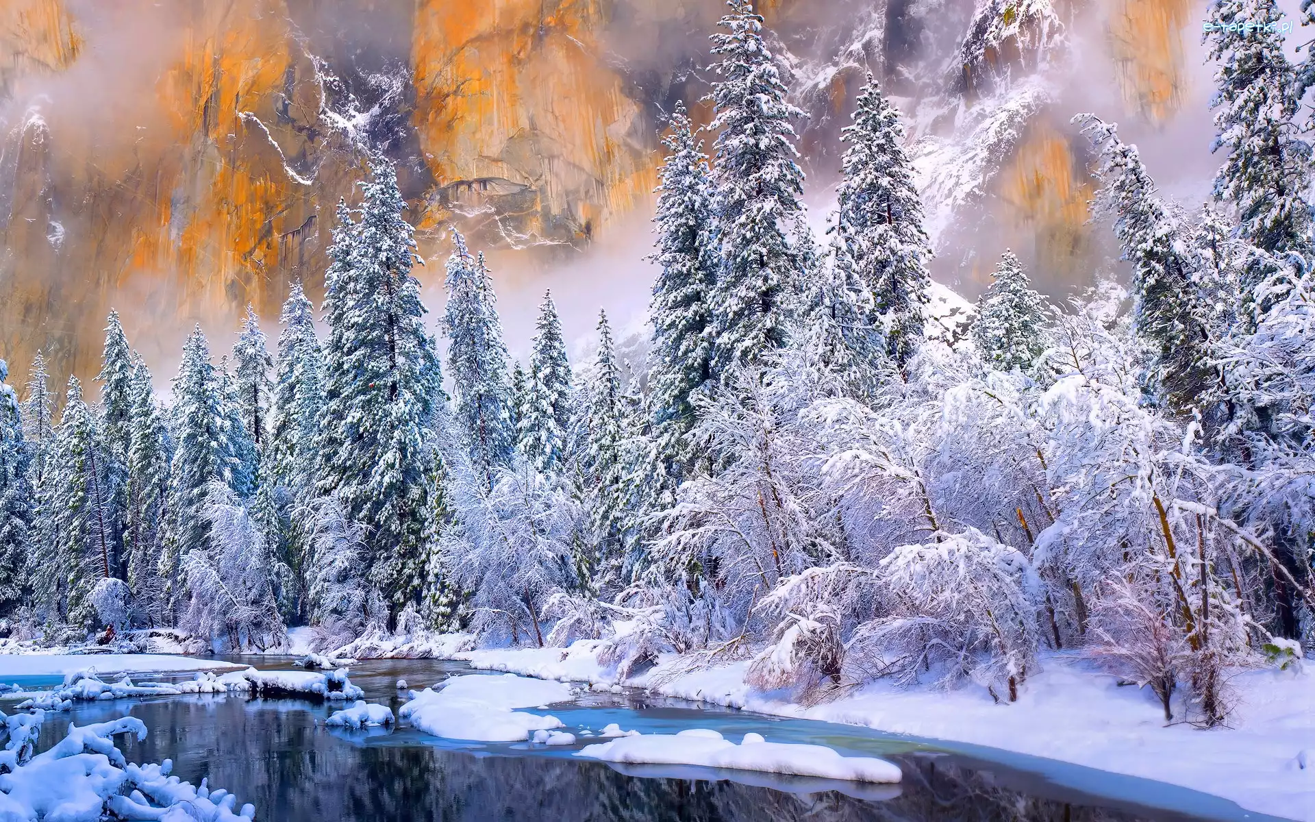Drzewa, Góry, Kalifornia, Stany Zjednoczone, Las, Park Narodowy Yosemite, Rzeka Merced River, Zima
