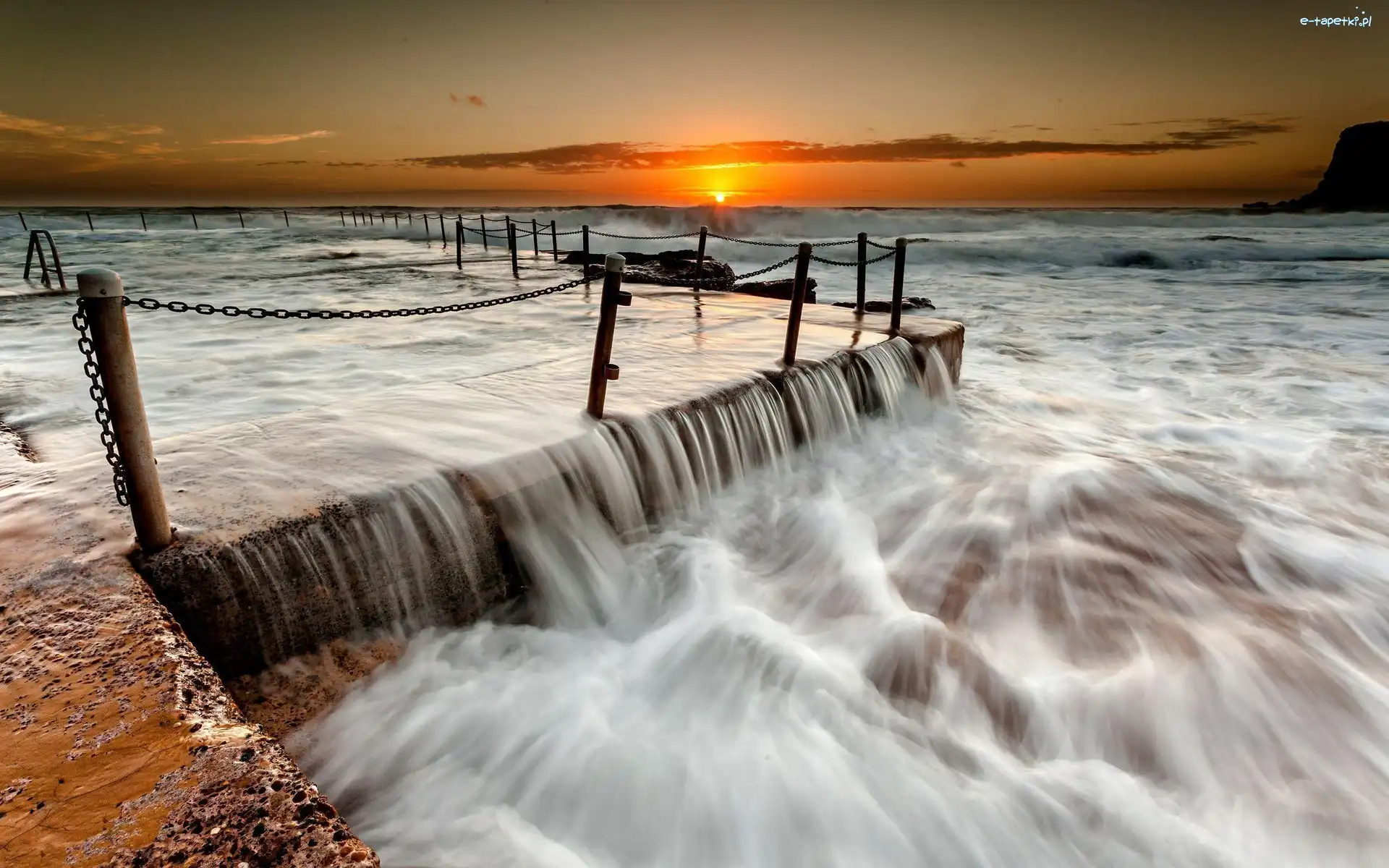 Pomost, Zachód Słońca, Ocean, Zalany