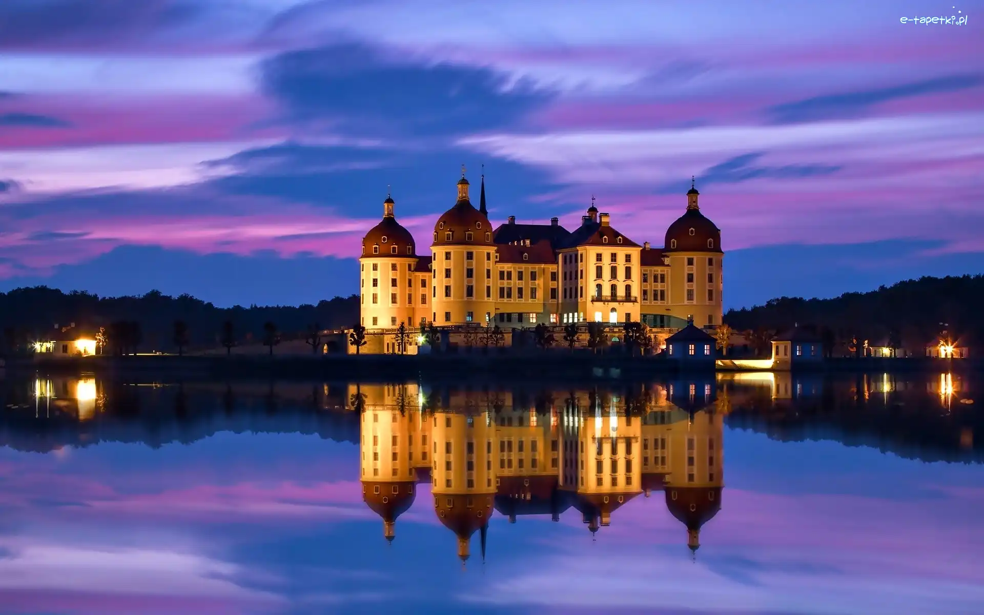 Noc, Pałac Moritzburg, Jezioro, Odbicie, Niemcy, Saksonia