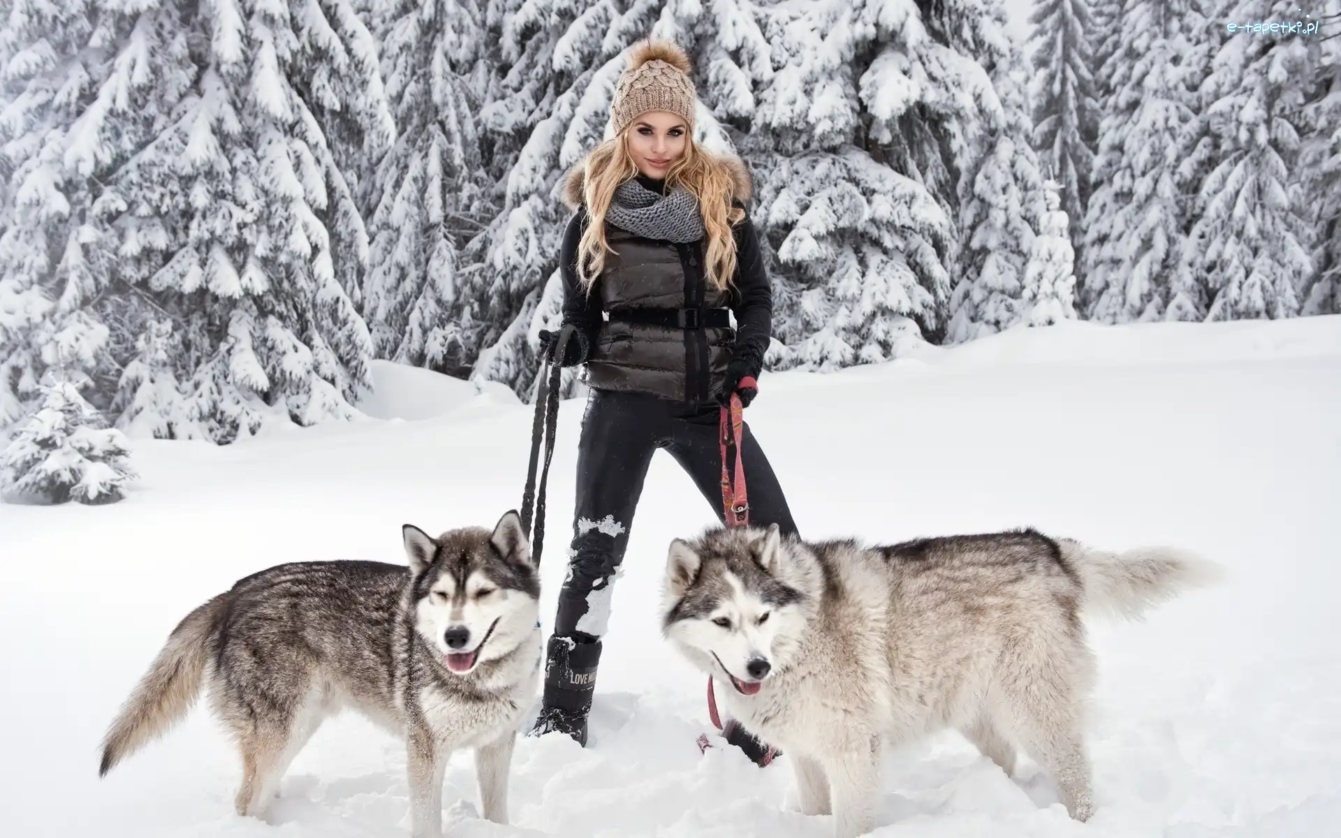 Psy, Dziewczyna, Spacer, Siberian Husky, Las, Zima