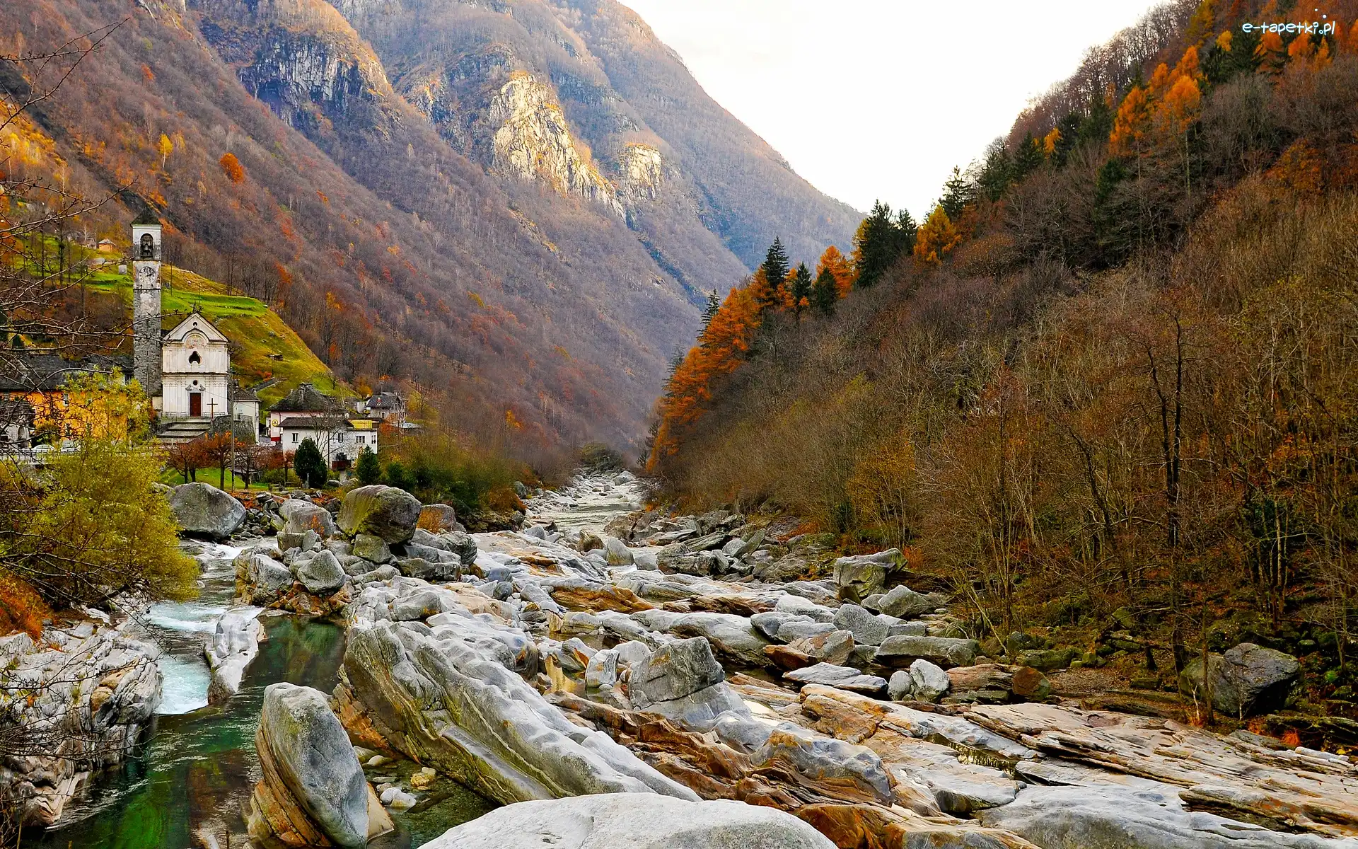 Góry, Rzeka, Jesień, Kościół, Kamienie