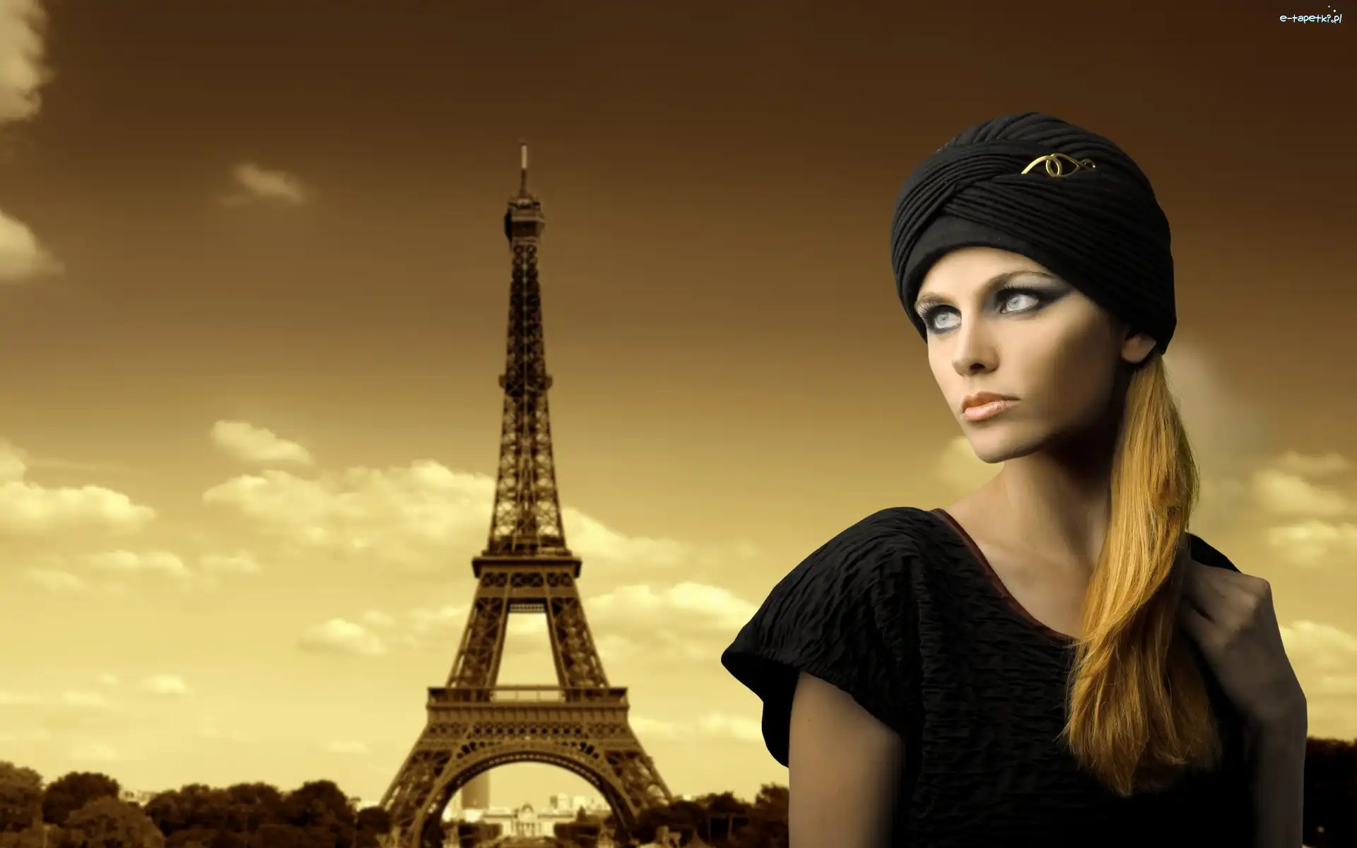 Paryż, Makijaż, Turban, Wieża Eiffla, Blondynka, Kobieta