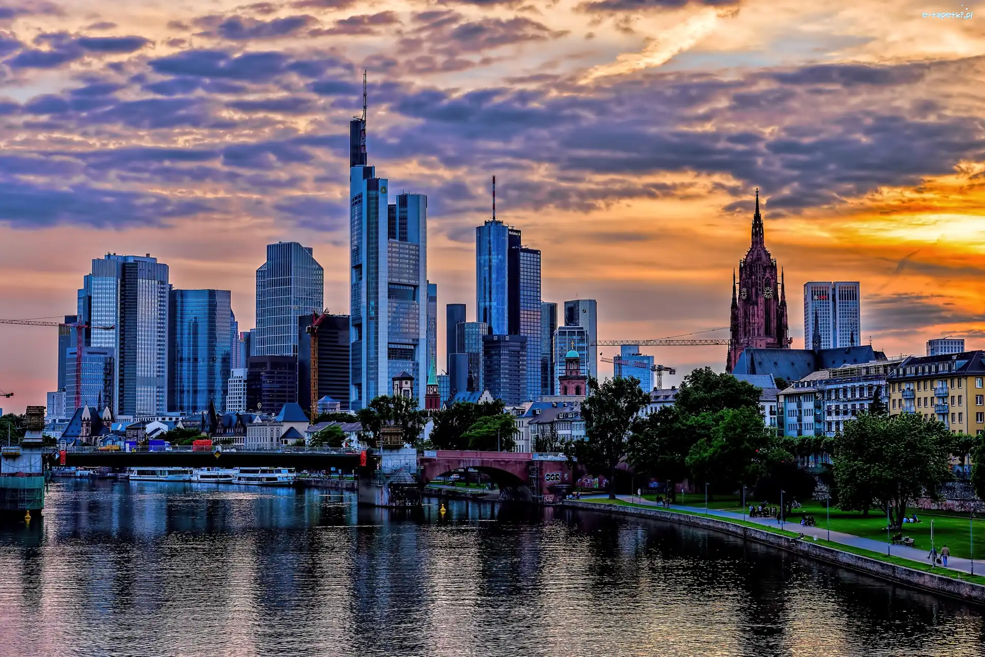 Niemcy, Rzeka, Miasto, Frankfurt, Drapacze Chmur, Zachód Słońca
