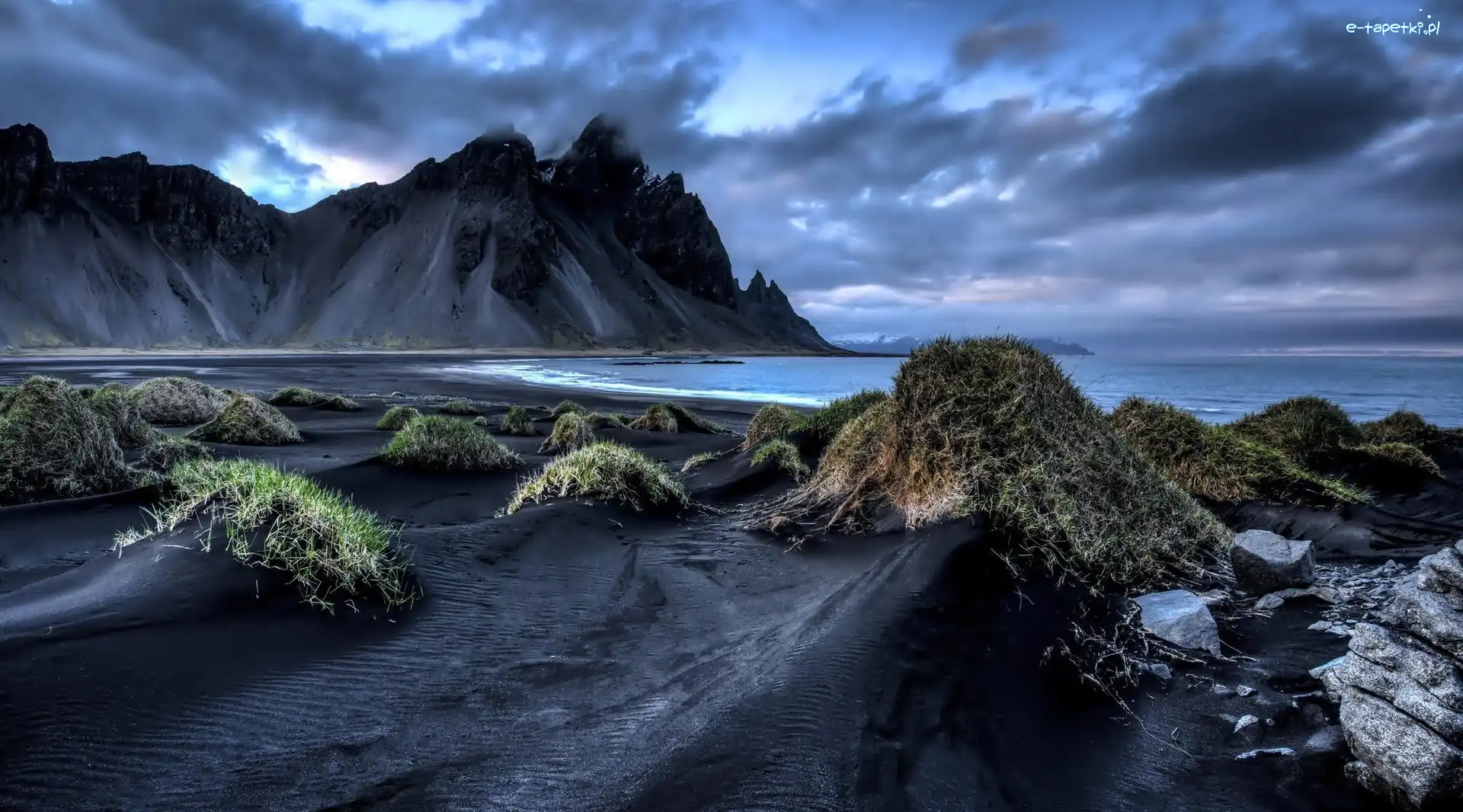 Góry, Islandia, Chmury, Morze