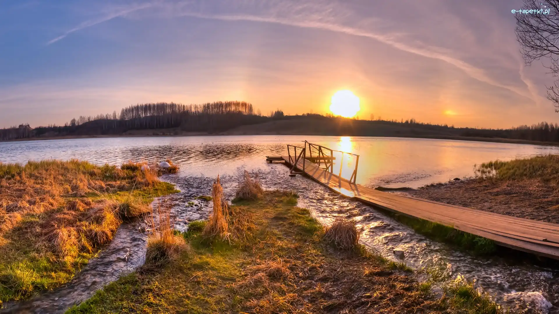 Zachód Słońca, Pomost, Drzewa, Jezioro