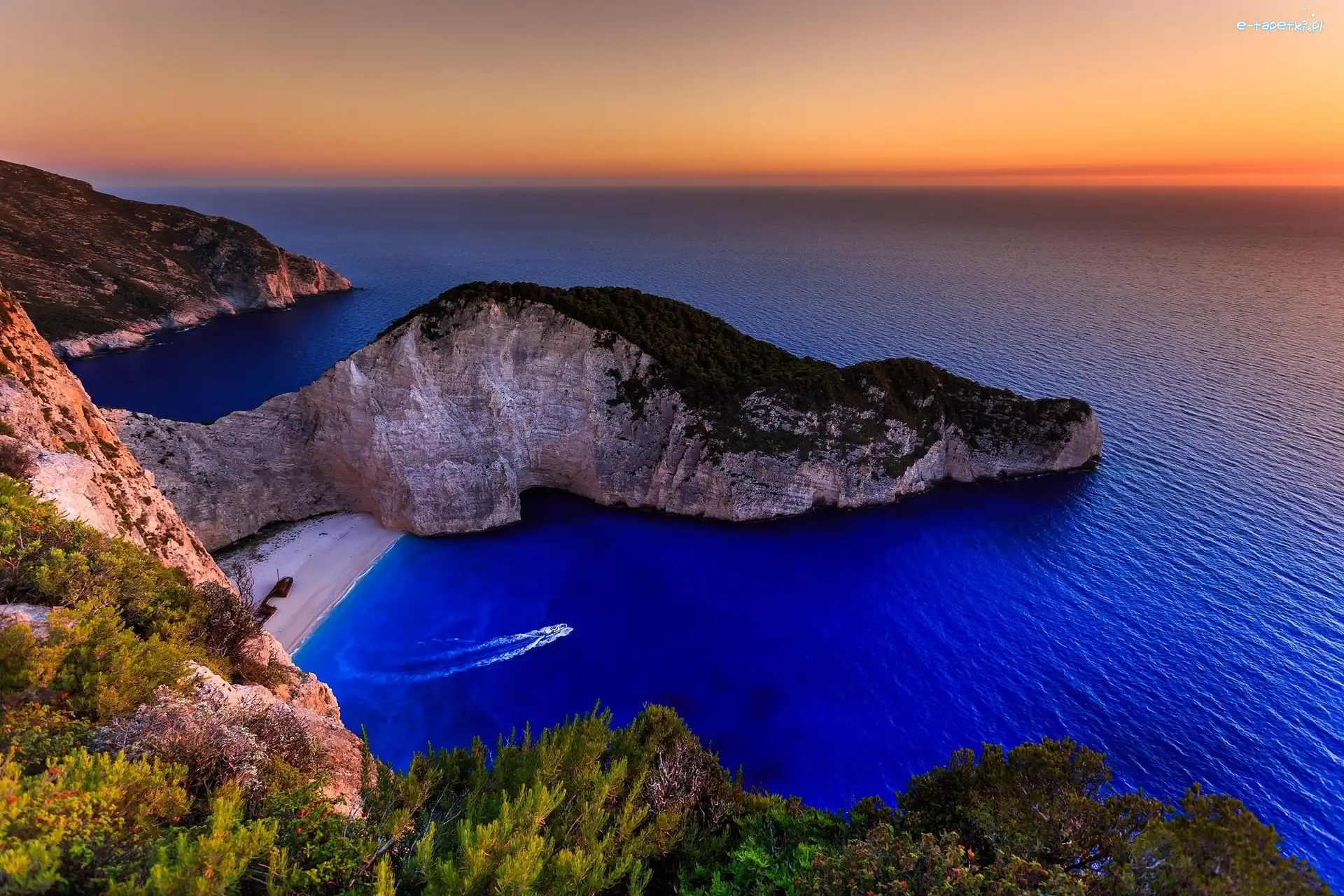 Navagio, Wybrzeże, Plaża, Grecja, Zachód Słońca, Ocean