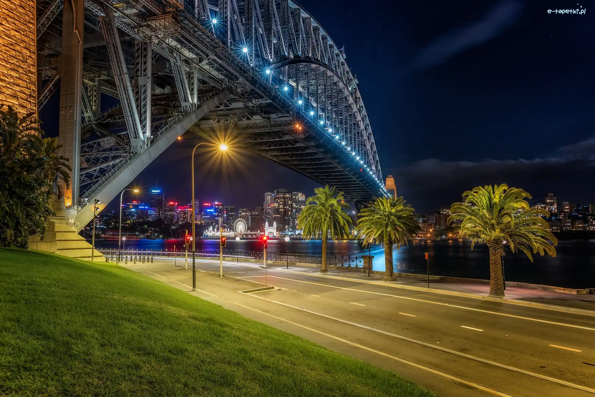 Noc, Sydney, Palmy, Światła, Most, Rzeka, Droga, Australia