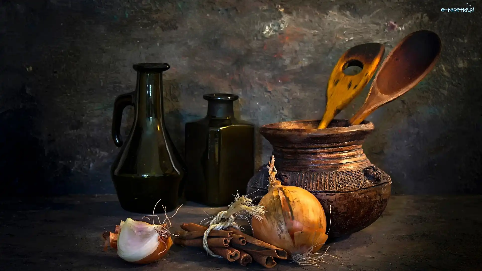 Cebula, Drewniane, Czosnek, Butelki, Łyżki
