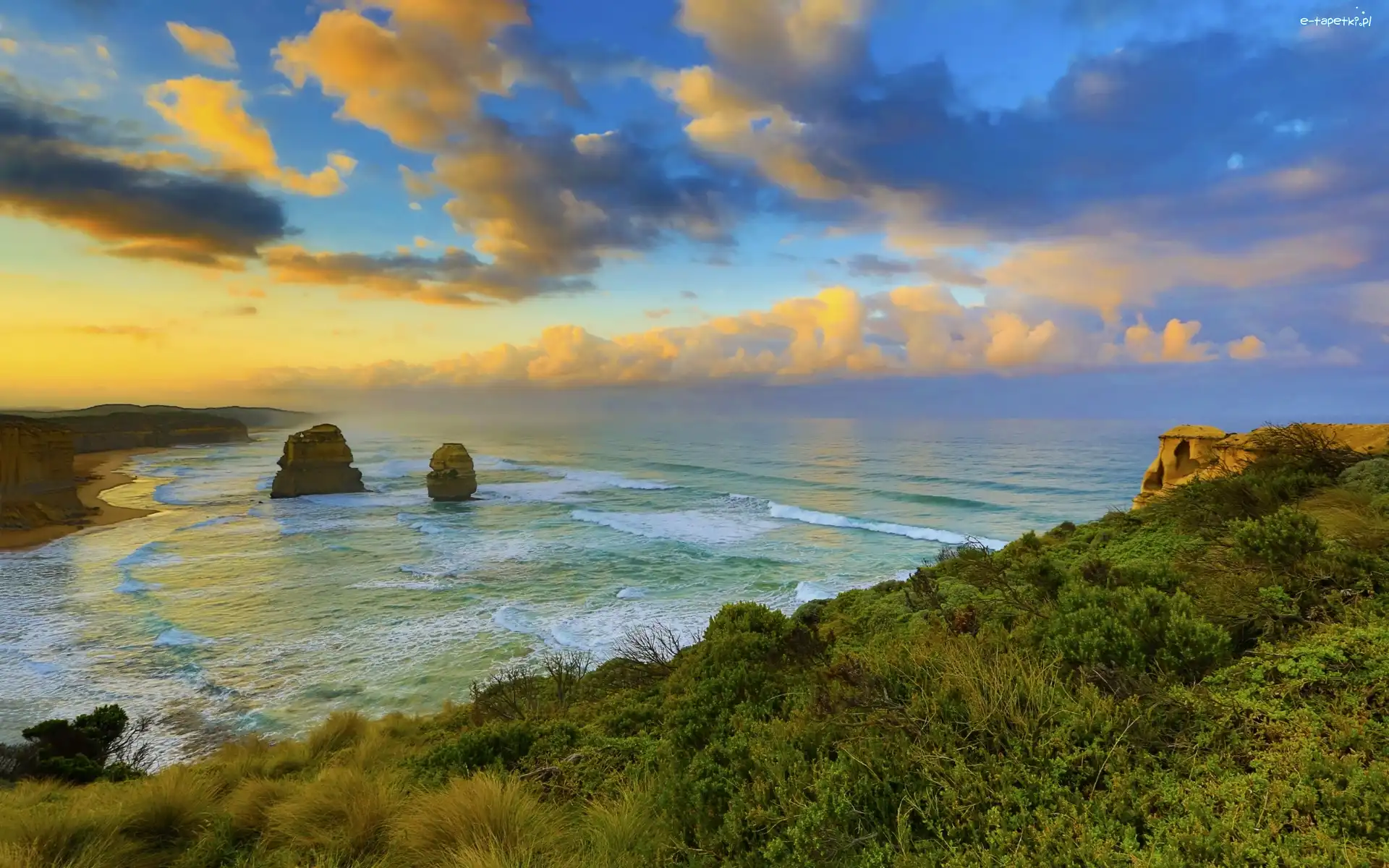 Australia, Morze, Świt, Park Narodowy Port Campbell, Dwunastu Apostołów, Kolumny wapienne