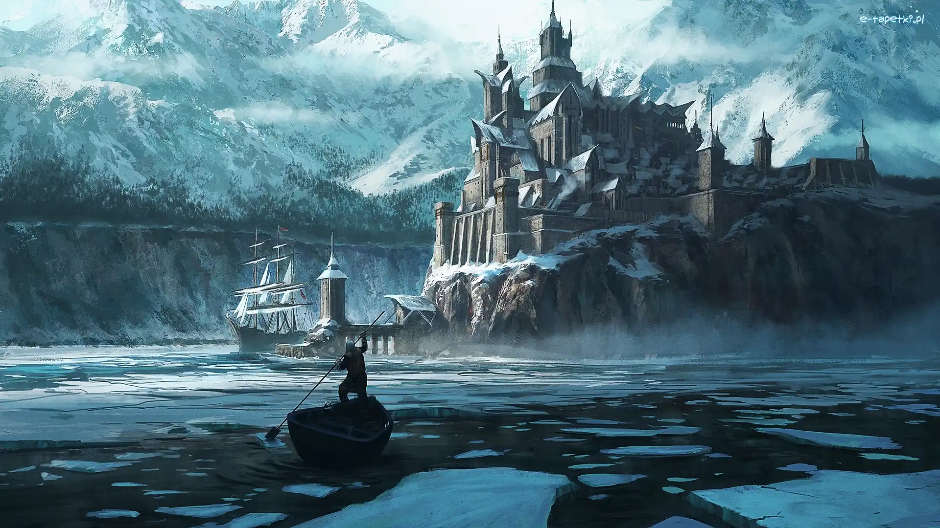Fantasy, Zima, Zamek, Łódka, Góry