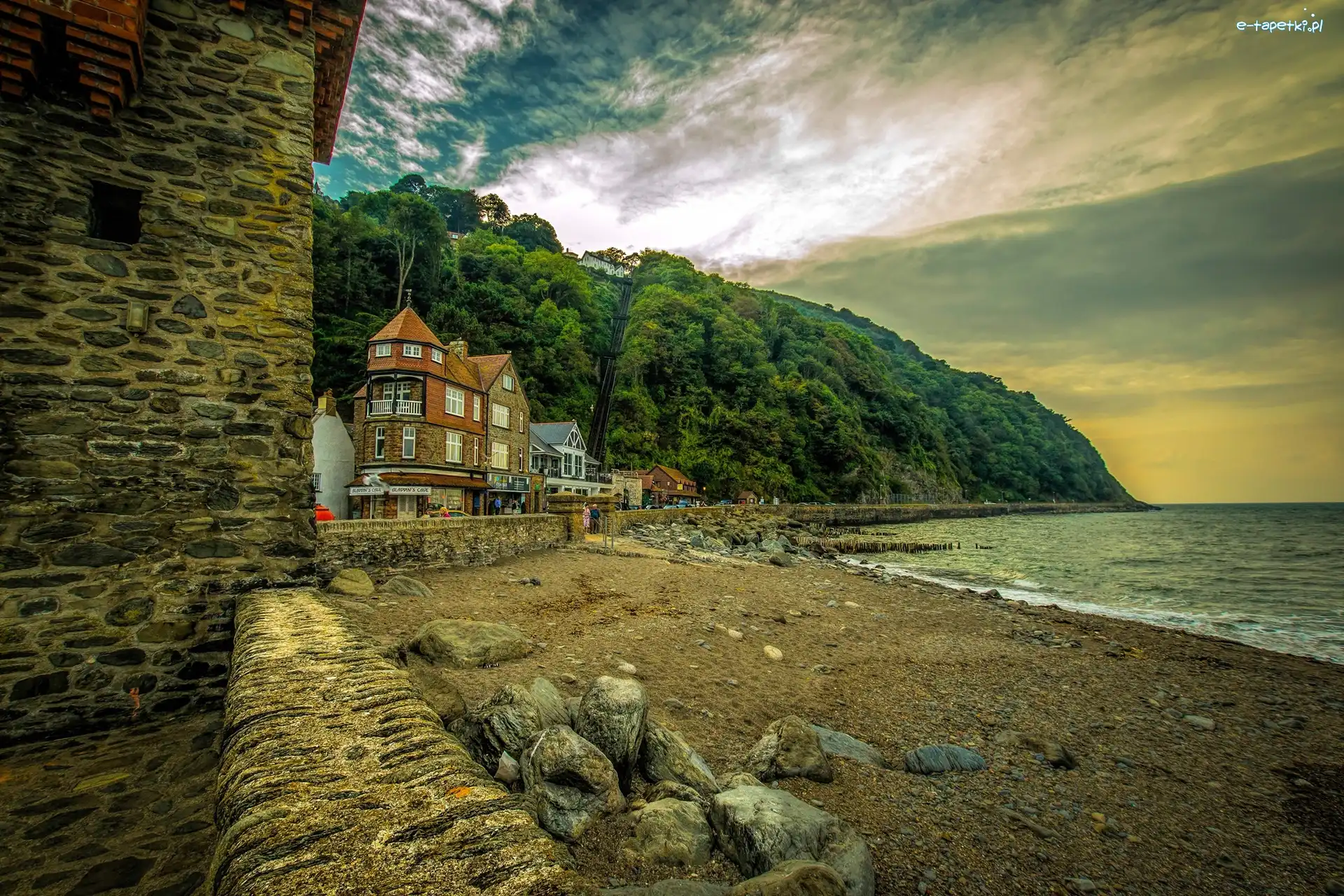 Lynmouth, Kamienie, Domy, Anglia, Plaża, Wybrzeże