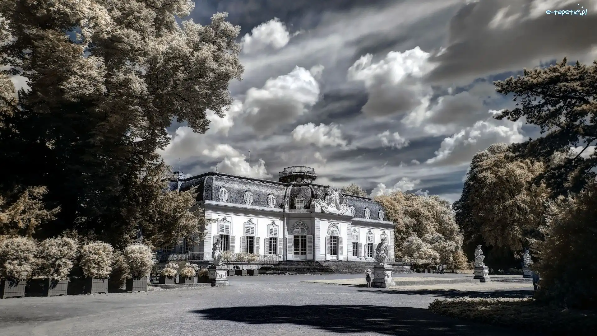 Sepia, Niemcy, Posągi, Düsseldorf, Pałac Benrath, Drzewa, Park