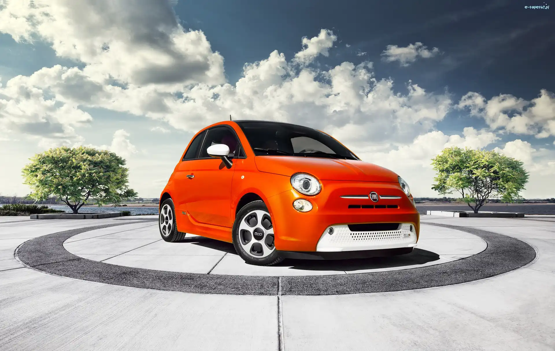 Drzewa, Fiat 500, Niebo, Plac, Auto, Pomarańczowe