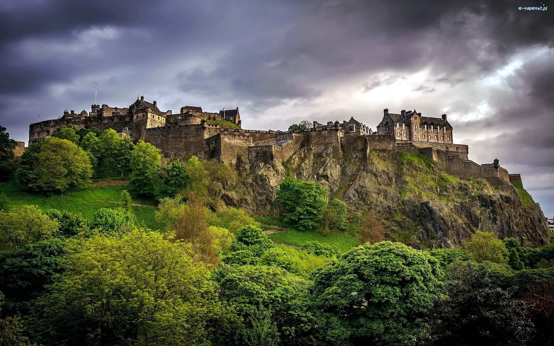 Wzgórze, Szkocja, Edynburg, Edinburgh Castle, Zamek w Edynburgu, Drzewa, Skały