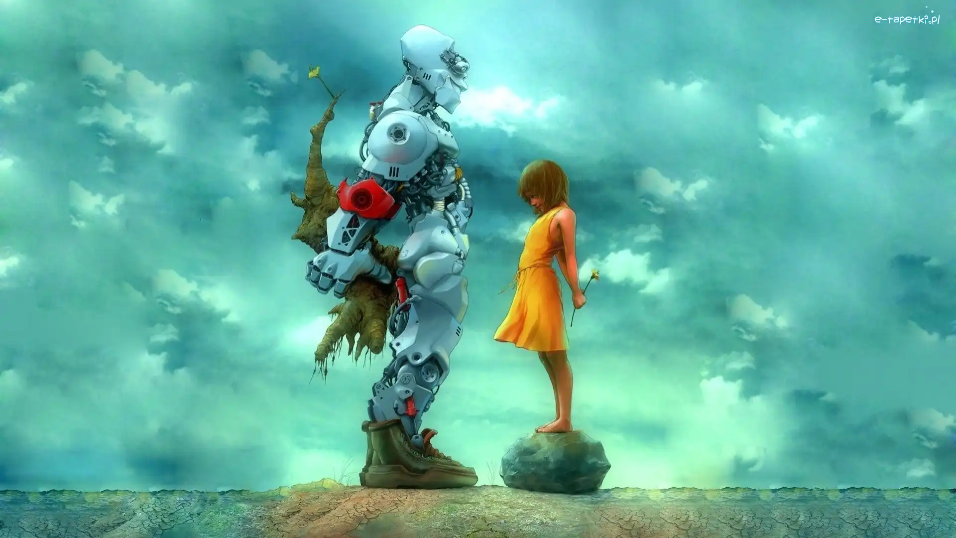 Robot, Kwiat, Dziewczynka, Przyjaźń, Prezent