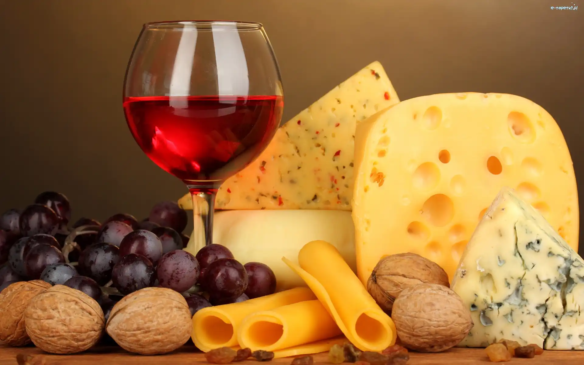 Makaron, Winogrono, Orzechy, Sery, Kieliszek, Wino