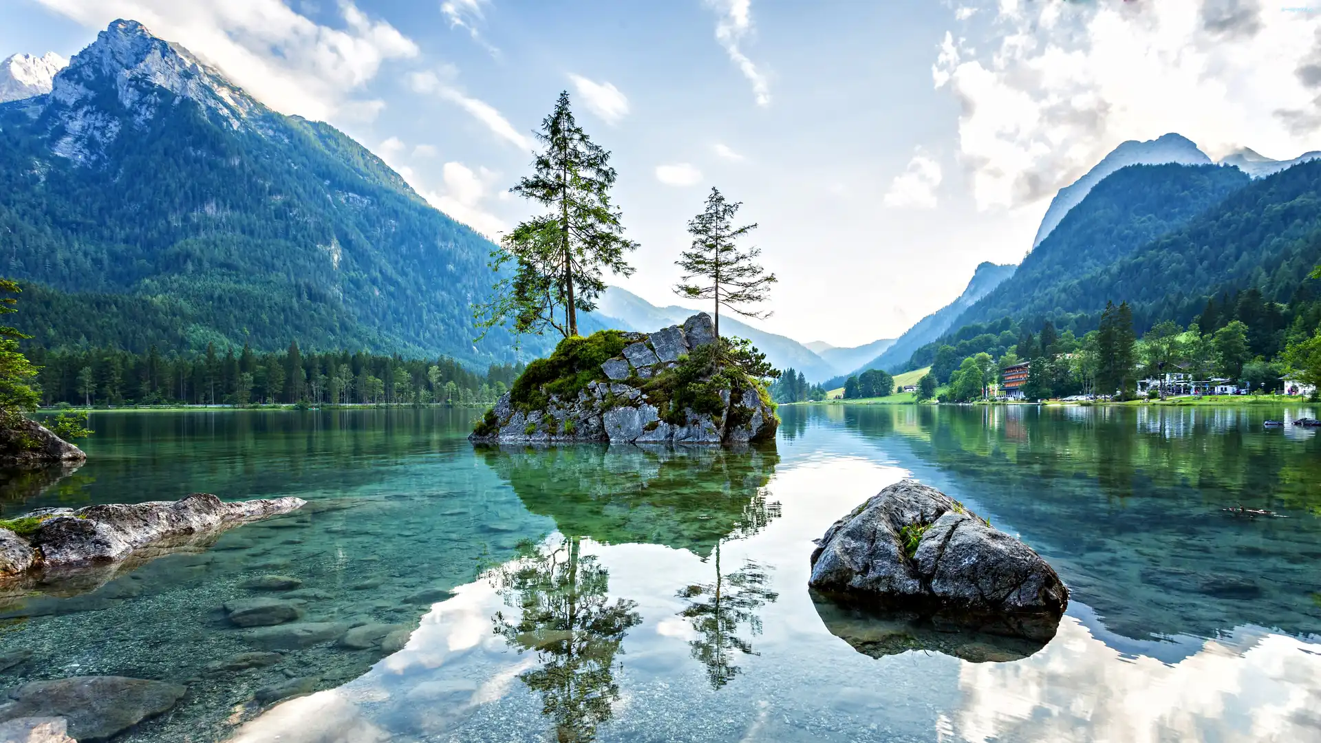 Alpy, Niemcy, Góry, Wyspa, Bawaria, Jezioro Hintersee