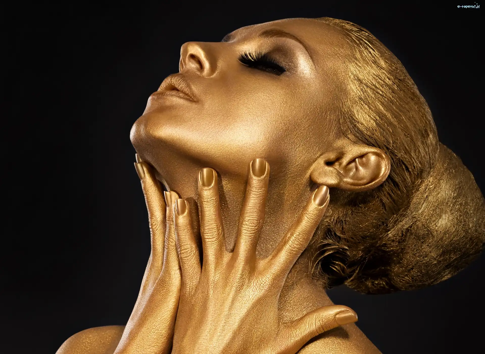 Modelka, Makijaż, Złoty, Bodypainting, Dłonie
