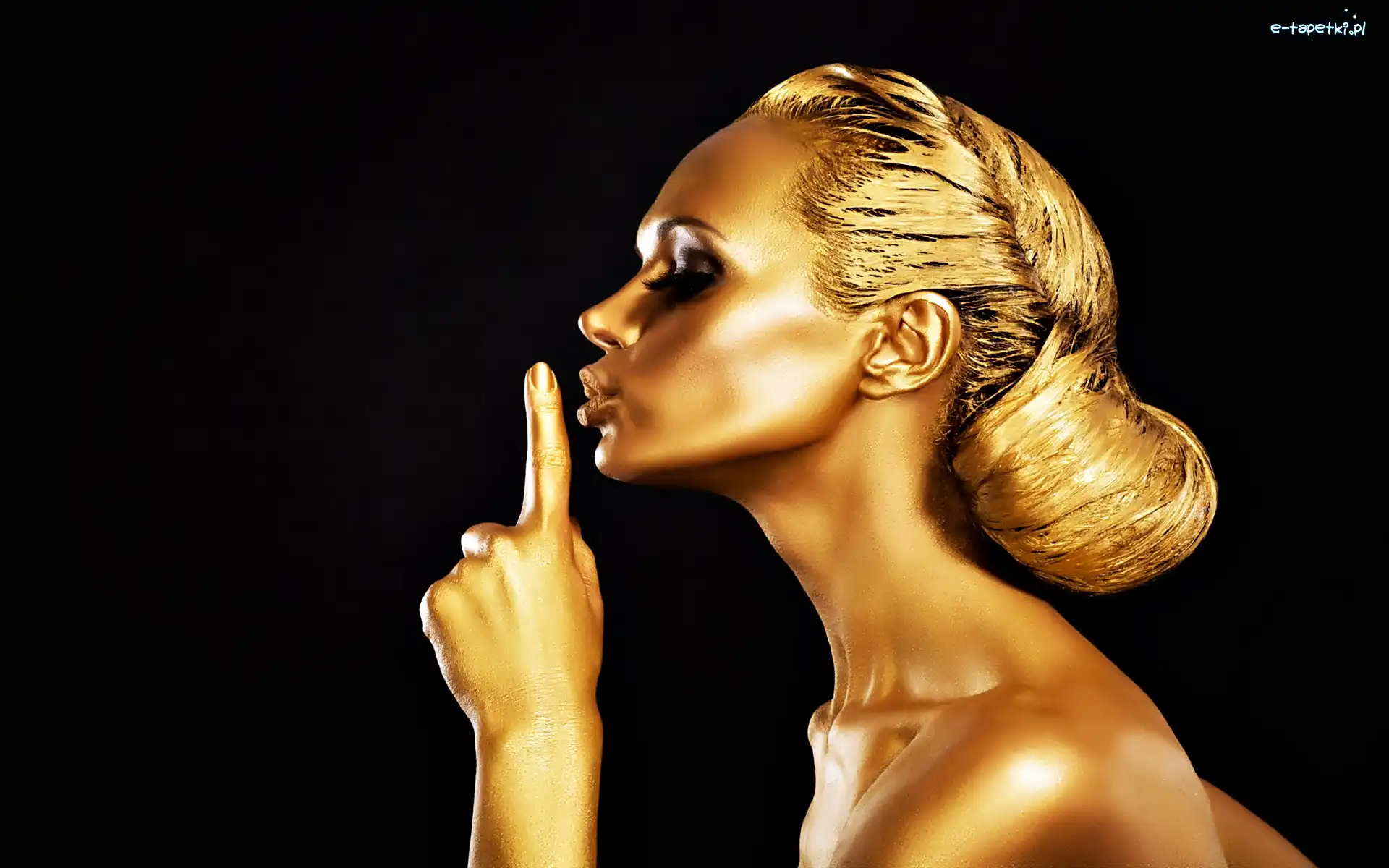 Modelka, Złoty, Profil, Bodypainting, Makijaż