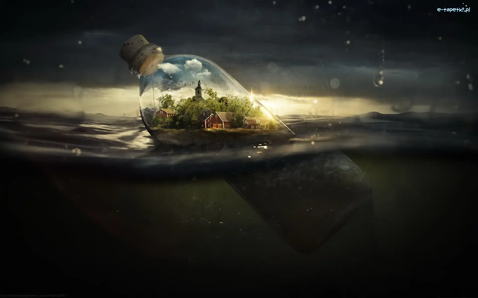 Fantasy, Ocean, Świat, Niebo, Chmury, Rafandynka, Butelka