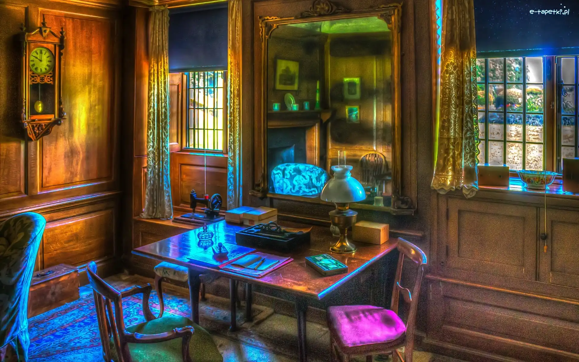 Wnętrze, Biurko, Gabinet, HDR, Lampa