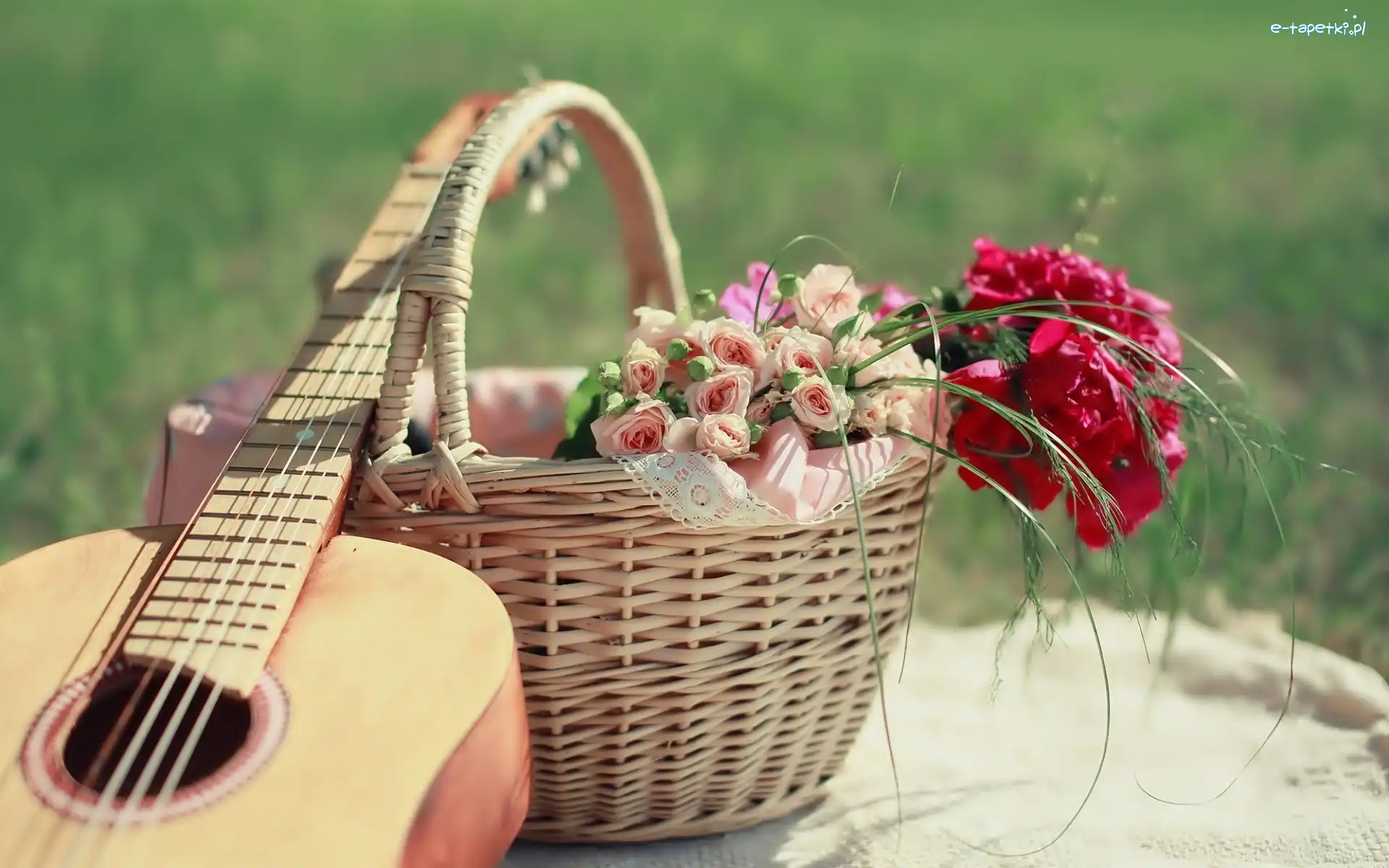 Bukiety, Gitara, Kwiatów, Kosz